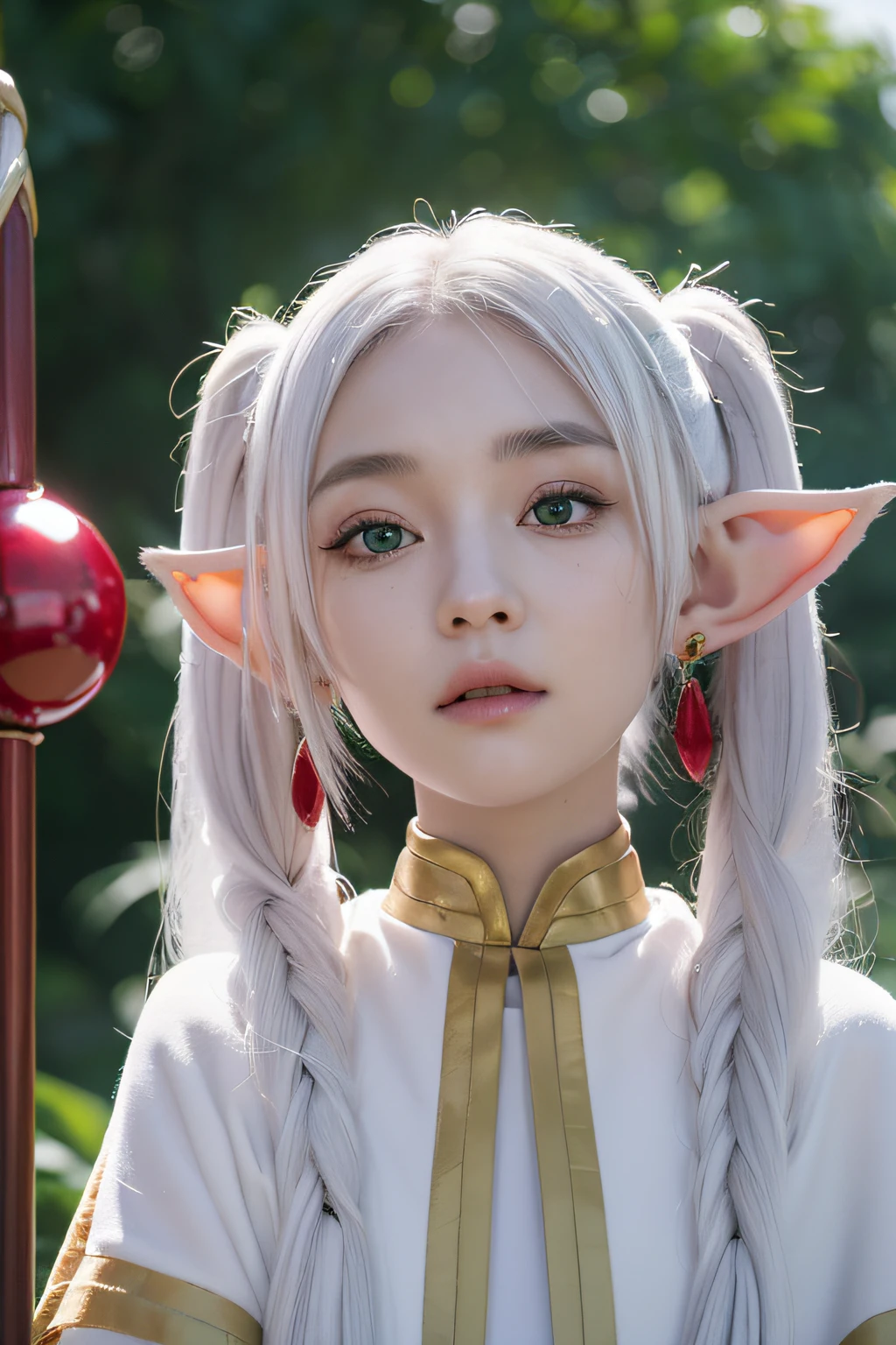 top-quality, 8K, ultra-detailliert, Photorealsitic, (girl with１a person:1.5), Funeral Freelen, Freelen, white hair girl, Twin-tailed, white robes, Elven ears, Green eyes, Red stone earrings, close up of face
, Holding a staff with a red stone, 