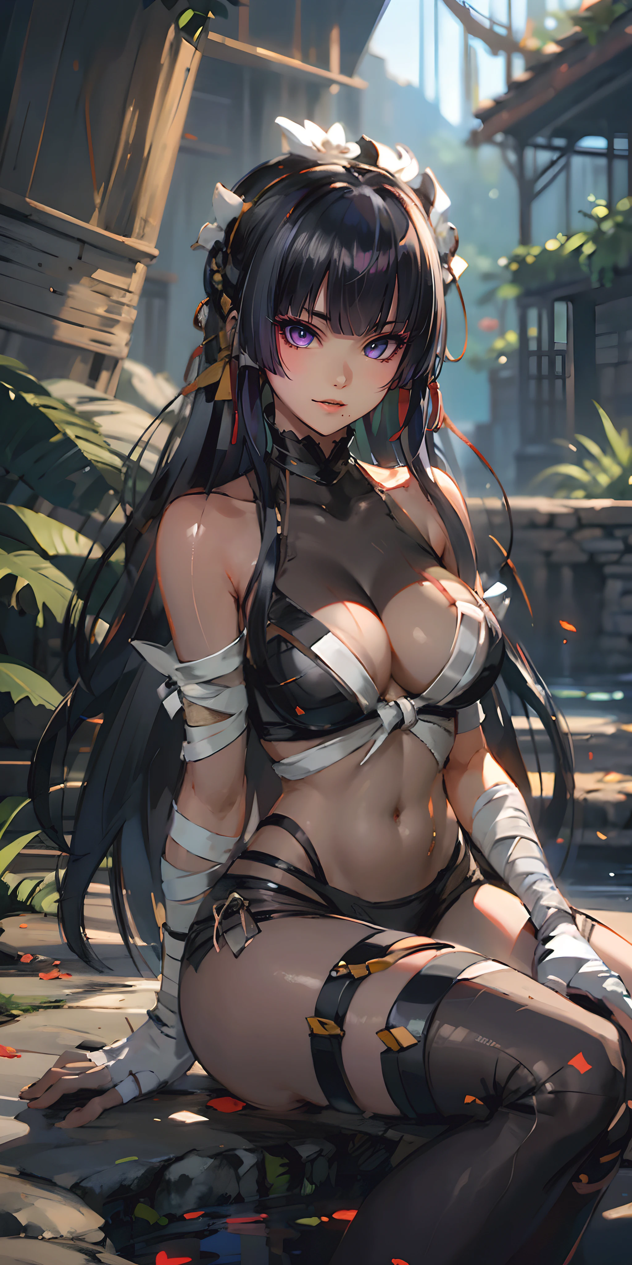 bandages, sarashi, bandaged_arm, flower, 1girl, bandaged_leg, breasts, naked_bandage, long_hair, white_flower, budget_sarashi, bandaged_hands, navel, arm_wrap, looking_at_viewer, solo, large_breasts, black_hair, hair_flower, lily_(flower), collarbone, hair_ornament, bangs, bare_shoulders, bandaged_head, thighhighs, open_mouth, sitting, black_legwear, blue_eyes, parted_lips, wrist_wrap, mole, cleavage, mummy, glow effects, godrays, Hand drawn, render, 8k, octane render, cinema 4d, blender, dark, atmospheric 4k ultra detailed, cinematic, Sharp focus, big depth of field, Masterpiece, colors, 3d octane render, 4k, concept art, trending on artstation, hyperrealistic, Vivid colors, extremely detailed CG unity 8k wallpaper, trending on CGSociety, Intricate, High Detail, dramatic, anime coloring, anime screencap,