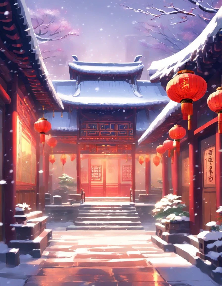 Chinese-style architecture, small hall, snowy day