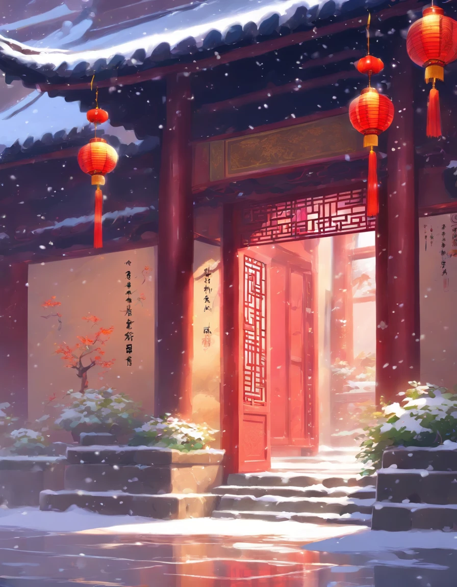 Chinese-style architecture, small hall, snowy day