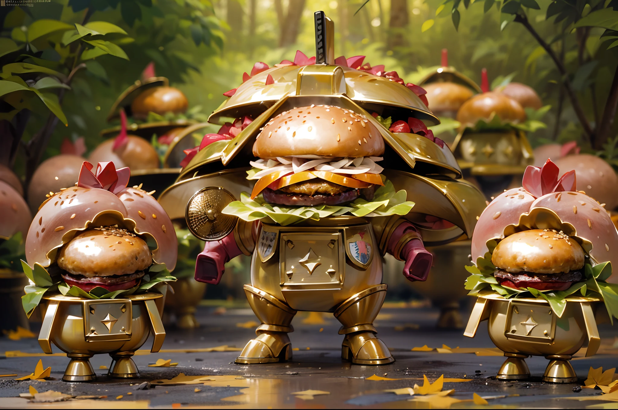 golden colored,Number of forests,There are armies of anthropomorphic hamburgers everywhere, Each hamburger soldier carries a weapon. Even the leader held a huge metal shield. They are neatly arranged,A sequence through the jungle,And disappear from the portal at the end of the forest,
Labels: (Best quality, 4K, A high resolution, Masterpiece:1.2), Ultra-detailed, Realistic:1.37, Pink Forest, hamburgers, Army, Weapons, leader, metallic shield