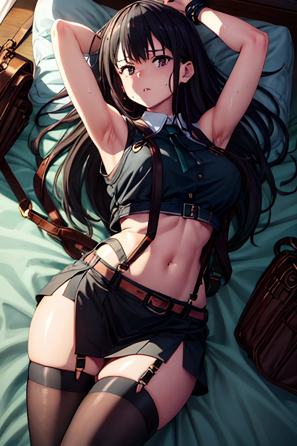 Suit,Collared shirt,Belt bag,Suspenders Black Miniskirt　garterbelts　knee high　Stockings　Black Niso　Colorcon armpit sweat　perspiring　Side of both hands,Black tank top,Gaze,Colossal tits,Armpit sweat,Exposing the armpits"Tight clothes、raise two hands、wristbands　Lying in bed　　　Behind the back　Forehead Center