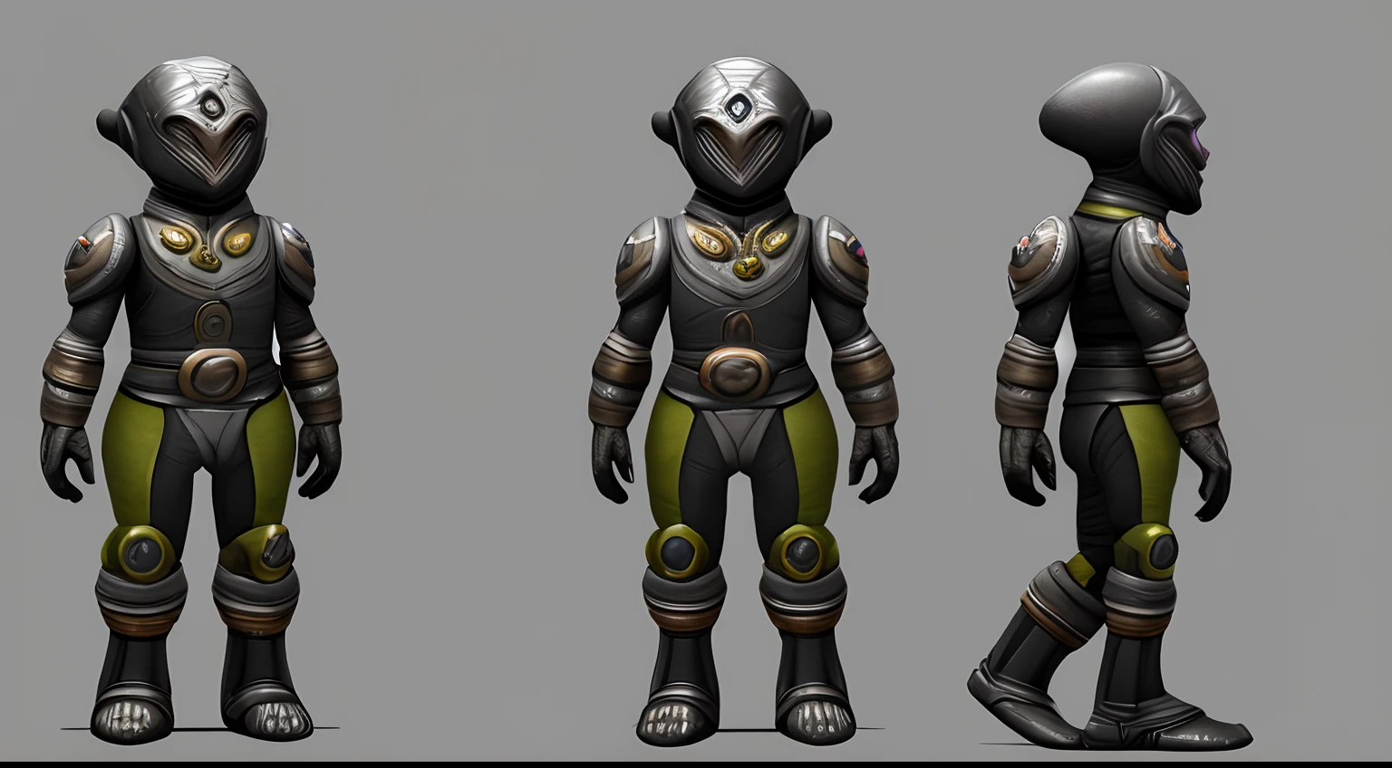 Small alien soldier trim sheet, front and side view, has short stubby legs, with weapon, mean looking, concept art, kind of looks like a dwarf