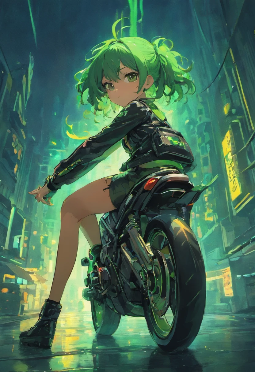 girl, brown skin, green hair, brown eyes, wearing black tank top, wearing black_green leather jacket, black leather pants, sitting on motorcycle, at night, black leather boots, city street, cyberpunk,ground wet from rain, fall, night time, neon sign in background, beautiful, absurdres, high res, ultrasharp, 8k, masterpiece, looking at viewer.