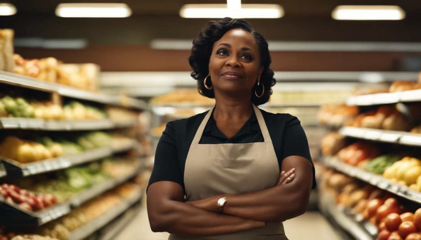 Middle age black woman who owns a grocery store