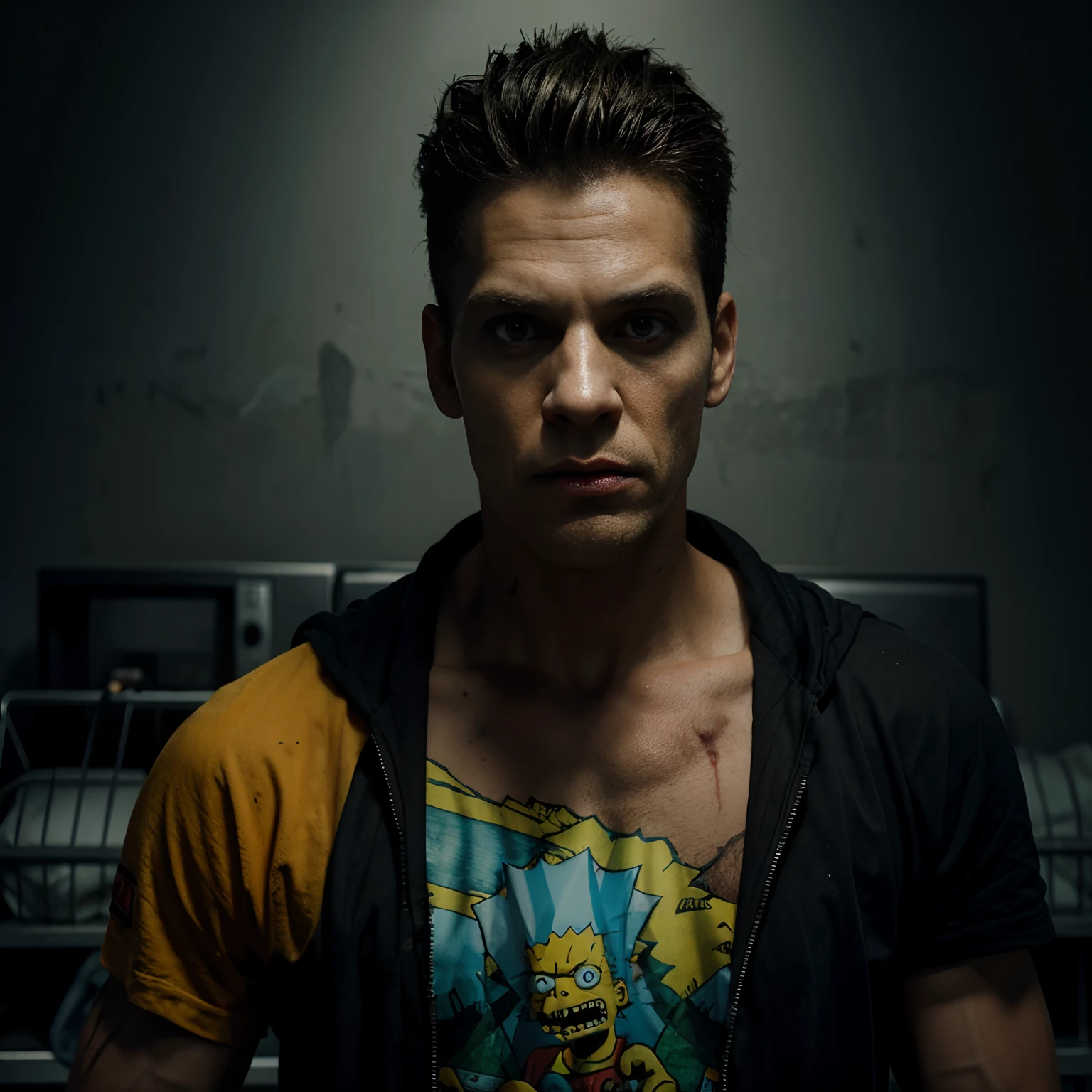 The man who gained power in the Temple of Darkness、Enthralled by power、Spanish、40 year old with a fade cut、Light of Darkness、A pendant that emits an eerie light、open collar、Tattoo on chest、Showing off strength、Expression full of pleasure、Purple Light Background、Top view