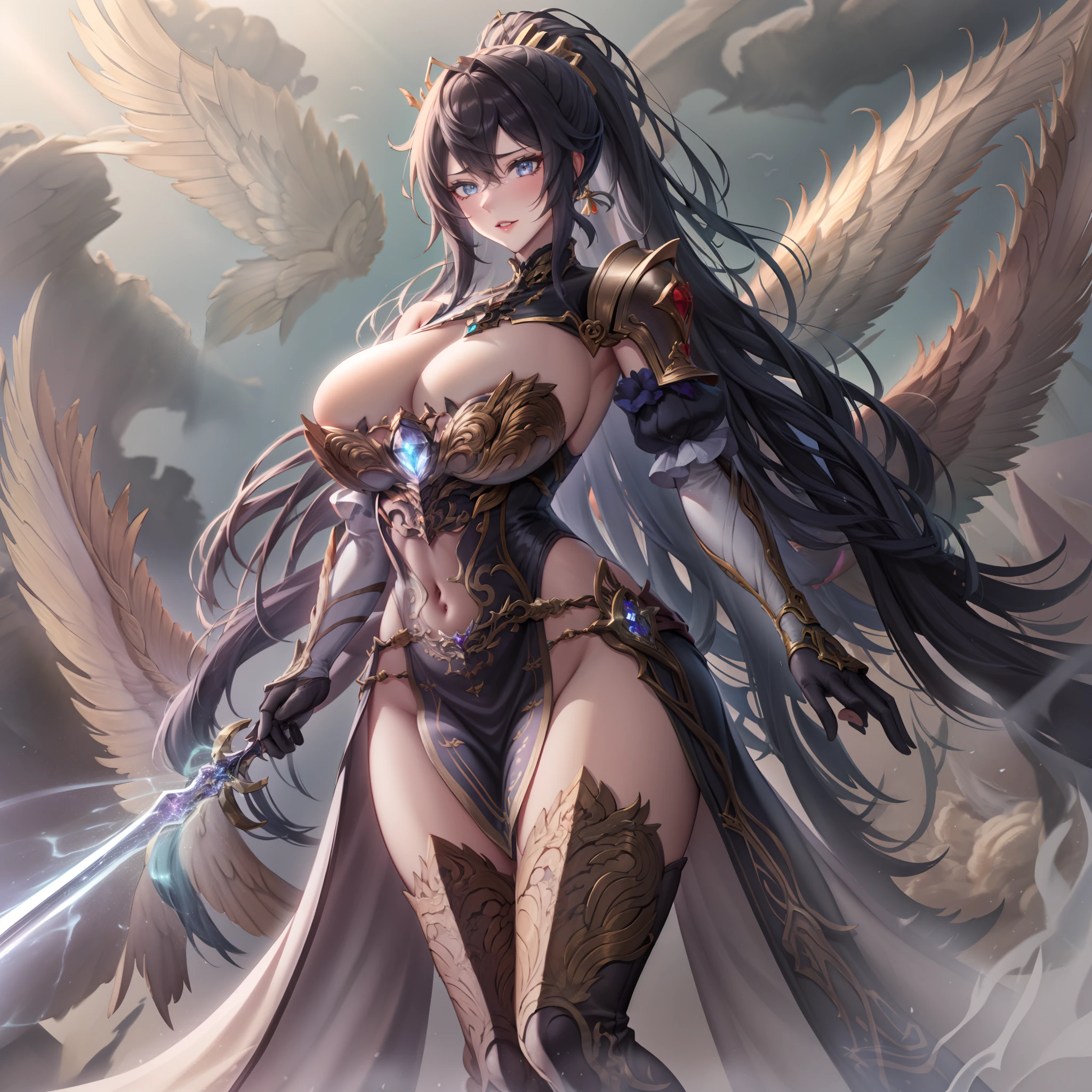 battlemech，（Blonde girl），(Huge ponytail),Glowing blue eyes，Blue Light Energy Longsword，Galactic，Mechanical and exquisite，（（Blonde Beauty））pubic detail，mech wings，elegent，Blue Mecha，Glowing blue-blue eyes，（Stocking Heels），land，Mechanical and exquisite，pubic detail，mech wings，elegent，The tree々，There are hands and feet，angled，angled，immensity，Wind，hazy，Mecha's eyes glow blue，Blue Mecha，Glowing blue-blue eyes，Holding the sword of delicate light energy，Skysky，Mechanical and exquisite，pubic detail，Huge mech wings，elegent，The tree々，There are hands and feet，angled，angled，immensity，baiyun，hazy，Mecha's eyes glow blue，pubic detail，Winds of the future，sacredness，Cavalier，battlemech，Glowing blue eyes，Blue Delicate Sniper Rifle，Skysky，Mechanical and exquisite，pubic detail，Huge mech wings，elegent，The tree々，There are hands and feet，angled，angled，immensity，baiyun，hazy，Mecha's eyes glow blue，pubic detail，Winds of the future，sacredness，Cavalier，the face is clear，Face wearing mask armor，masterpaintings，best qualtiy，offcial art，the Extremely Detailed CG Unity 8K Wallpapers，brightened light，（light particules，（Illustration）（Farbe）goodlooking，impeccable，（（Graphic Painting）），（Heavier stroke）），（bold lines），Highest image quality，masterpaintings，Filigree，long eyeslashes，（（（silhuette））），Very detailed background，tulips，Banana leaves，lilie，dew，Date palm flowers，Ryu，Light white off-the-shoulder dress，Mottled sunlight，（Close-up of people），（（Super best quality））， （（A very masterpiece））， （（super detailing：1.4））， （（hyper realistic lifelike 3d））， Dragon Warrior Girl， Mechanical body， Dynamic action poses in battle scenes， Mechanical weapons of very complex and heavy fighters， Off-the-shoulder fashion that blends dense and complex steampunk with dense gothic ta， Complex steampunk headgear， very thin long legs， Mechanical boots above the knee， Fluttering lace flared mini skirt， beautiful big breasts directed upwards，Somewhat long, Vertical curly silver hair fluttering in the wind，Countless shining large sphe