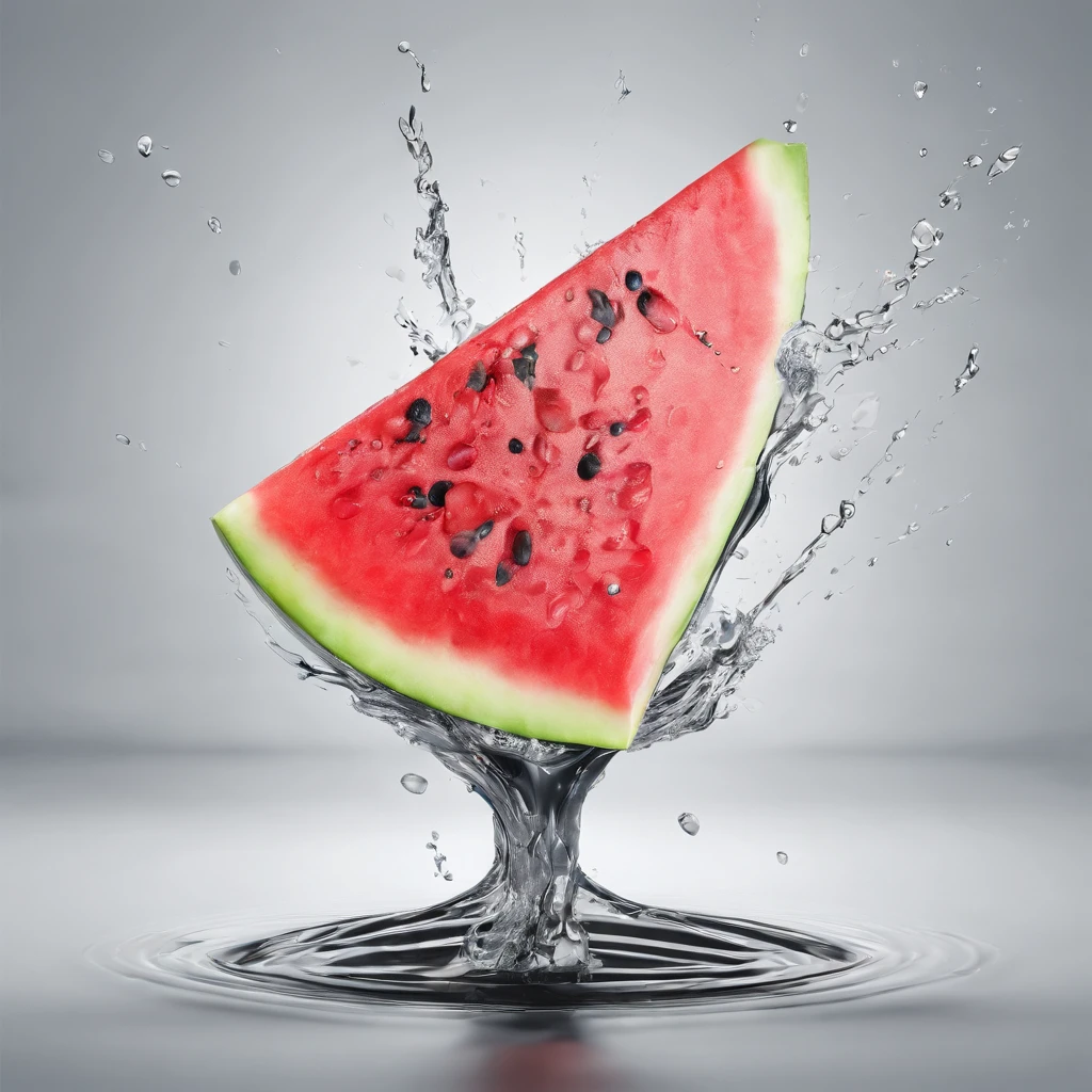 Powerful Liquid Explosion, water melon, Black background, White space in the top half of the screen, Commercial Photography, bright environment, studio lightning, oc render, super details, Solid Color Insulation Platform, Professional photography, super details, Цветокоррекция --AR 4:7