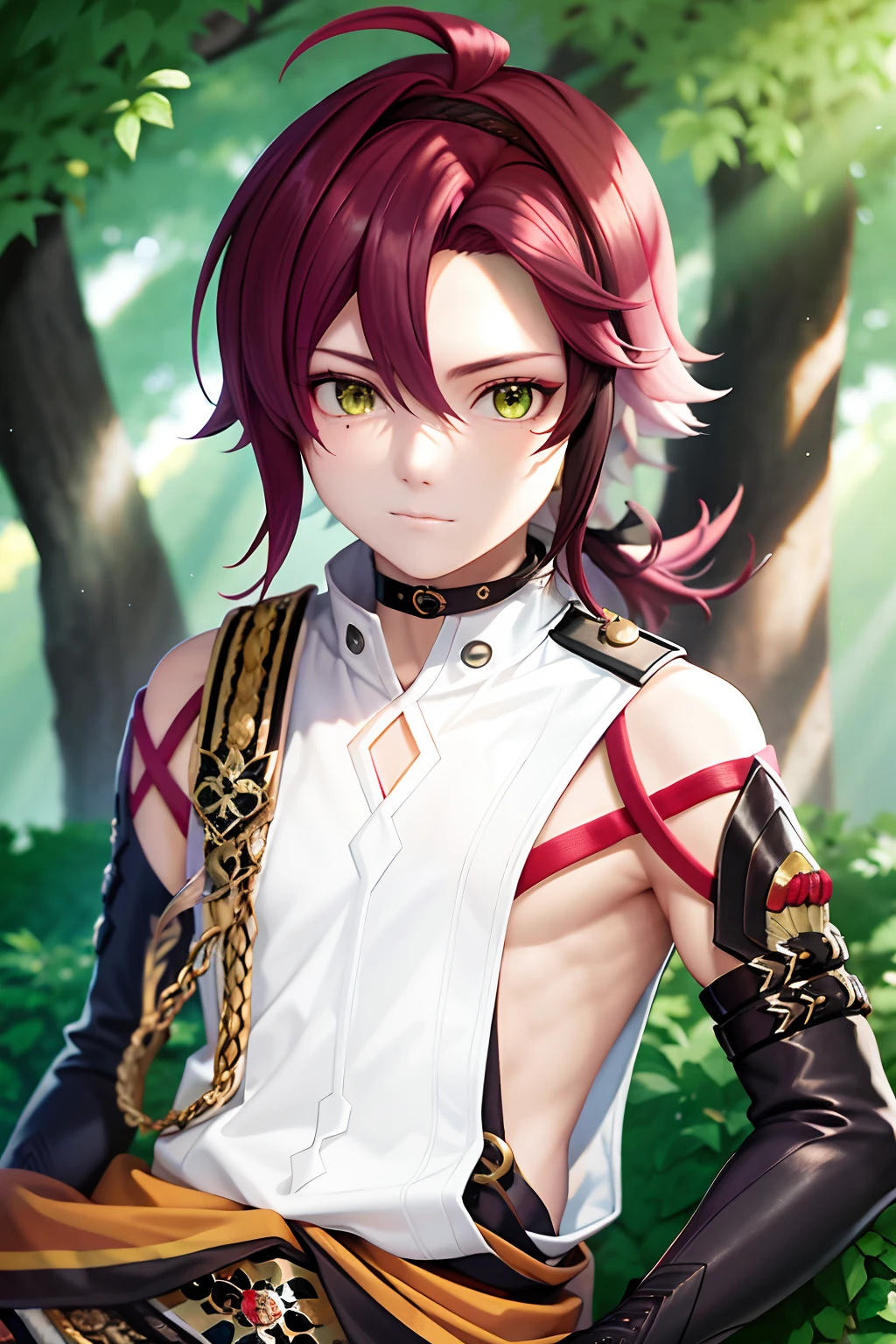 masterpiece, best quality,Shikanoin Heizou (genshin impact), 1boy, male focus, kurokote, green eyes, kote, multicolored hair, mole under eye, red hair, solo, mole, black choker, japanese armor, looking at viewer, choker, armor, streaked hair, aiguillette, sleeveless, ahoge, long hair, low ponytail,(kbxll:0.6)