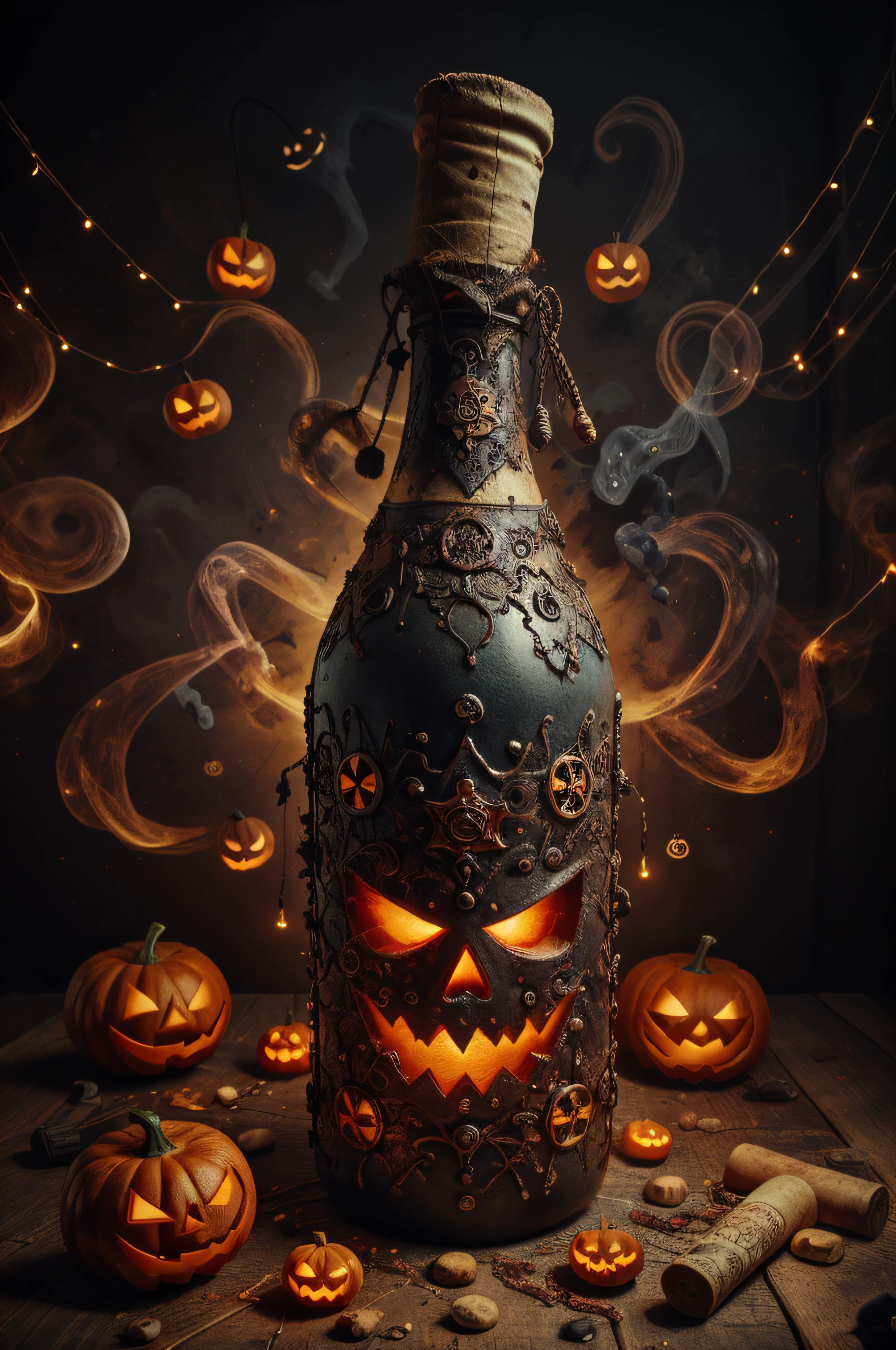 RAW Photo of HalloweenGlowStyle White a dusty wine bottle, (Masterpiece:1.3) (best quality:1.2) (high quality:1.1)