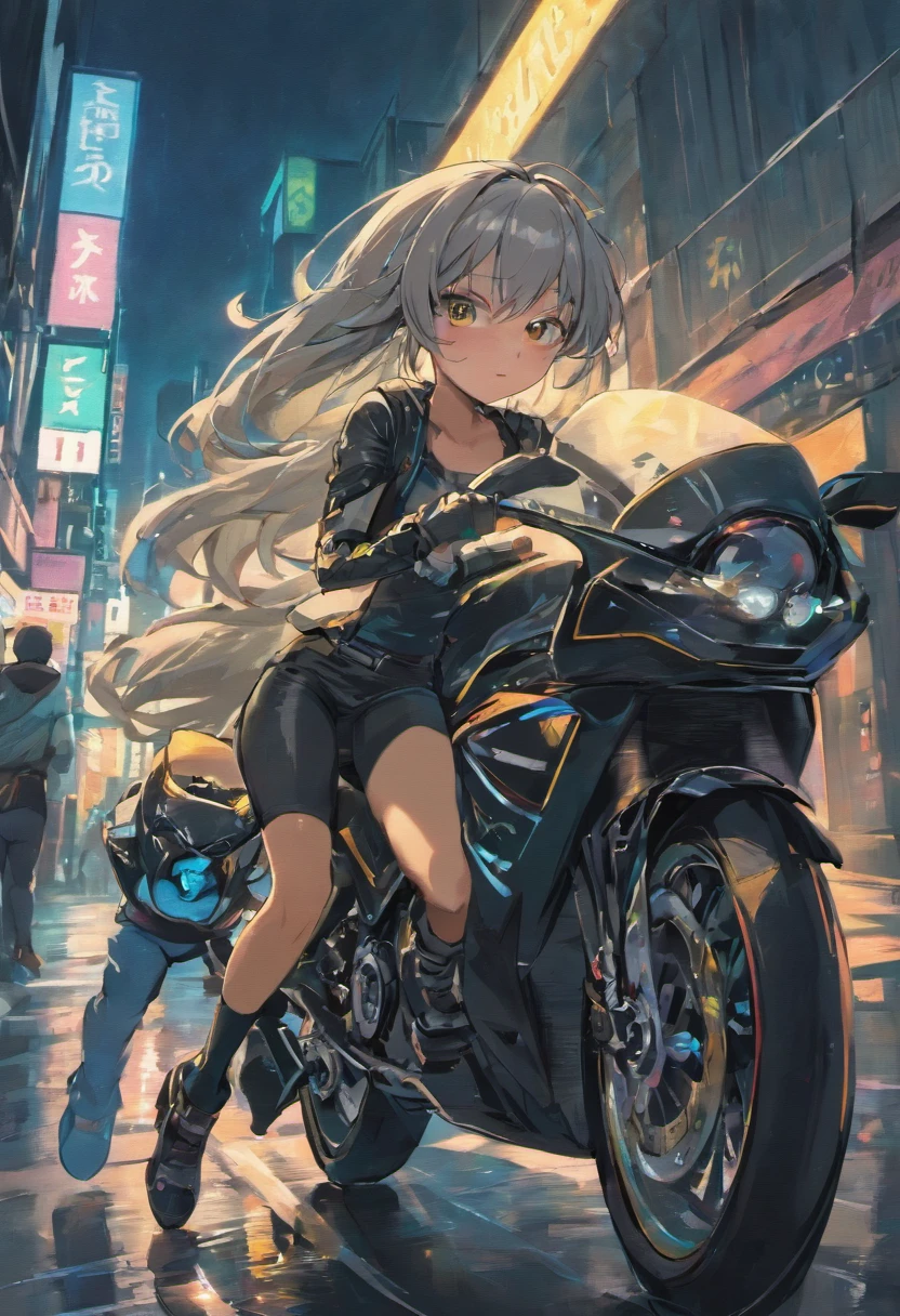 girl, brown skin, long gray hair, blow in the wind, brown eyes, wearing black tank top, wearing black_green leather jacket, black leather pants, sitting on motorcycle, at night, black leather boots, city street, cyberpunk,ground wet from rain, fall, night time, neon sign in background, beautiful, absurdres, high res, ultrasharp, 8k, masterpiece, looking at viewer.