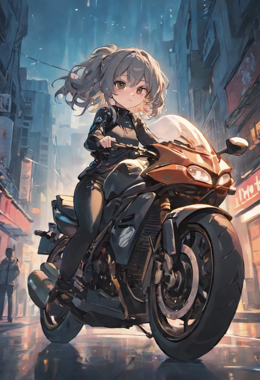 girl, brown skin, long gray hair, blow in the wind, brown eyes, wearing black tank top, wearing black_green leather jacket, black leather pants, sitting on motorcycle, at night, black leather boots, city street, cyberpunk,ground wet from rain, fall, night time, neon sign in background, beautiful, absurdres, high res, ultrasharp, 8k, masterpiece, looking at viewer.