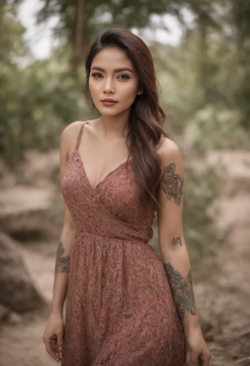 wide angle, camera- full length shot, Best quality, masterpiece, very high resolution, a beautiful indonesian woman, 20 years old, in colorful bohemian style clothing, with tattoos, walking and posing, professional model, next the wall, the wall made of colorful wood , cinematic grading, cinematic retro grading , realistic detail, high detail, high resolution, low contrast, depth blur, bokeh,