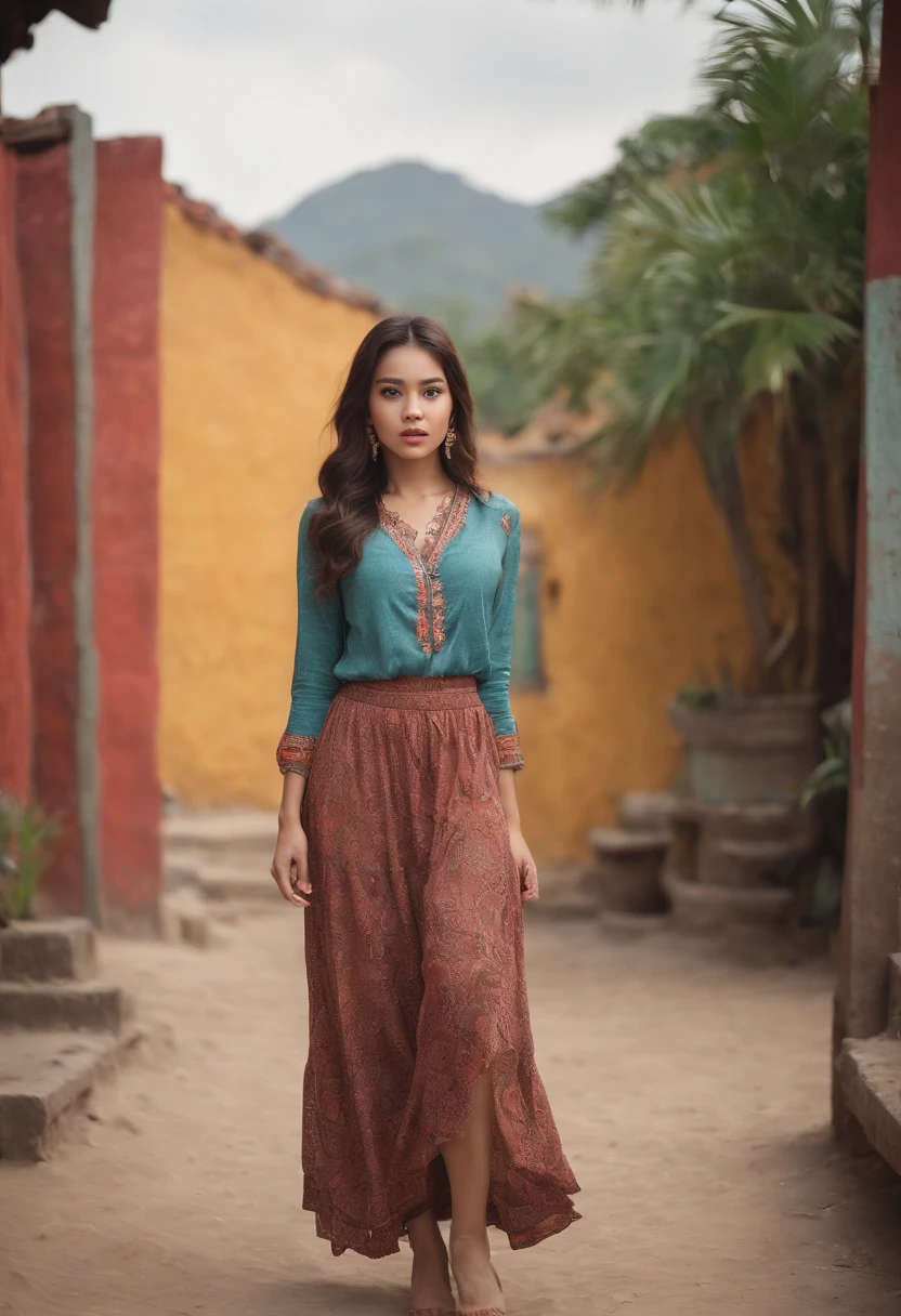 wide angle, camera- full length shot,  Best quality, masterpiece, very high resolution,  a beautiful indonesian woman, 20 years old, in colorful bohemian style clothing, with tattoos, walking and posing, professional model,  next the wall, the wall made of colorful wood , cinematic grading, cinematic retro grading ,  realistic detail,  high detail,  high resolution,  low contrast, depth blur, bokeh,