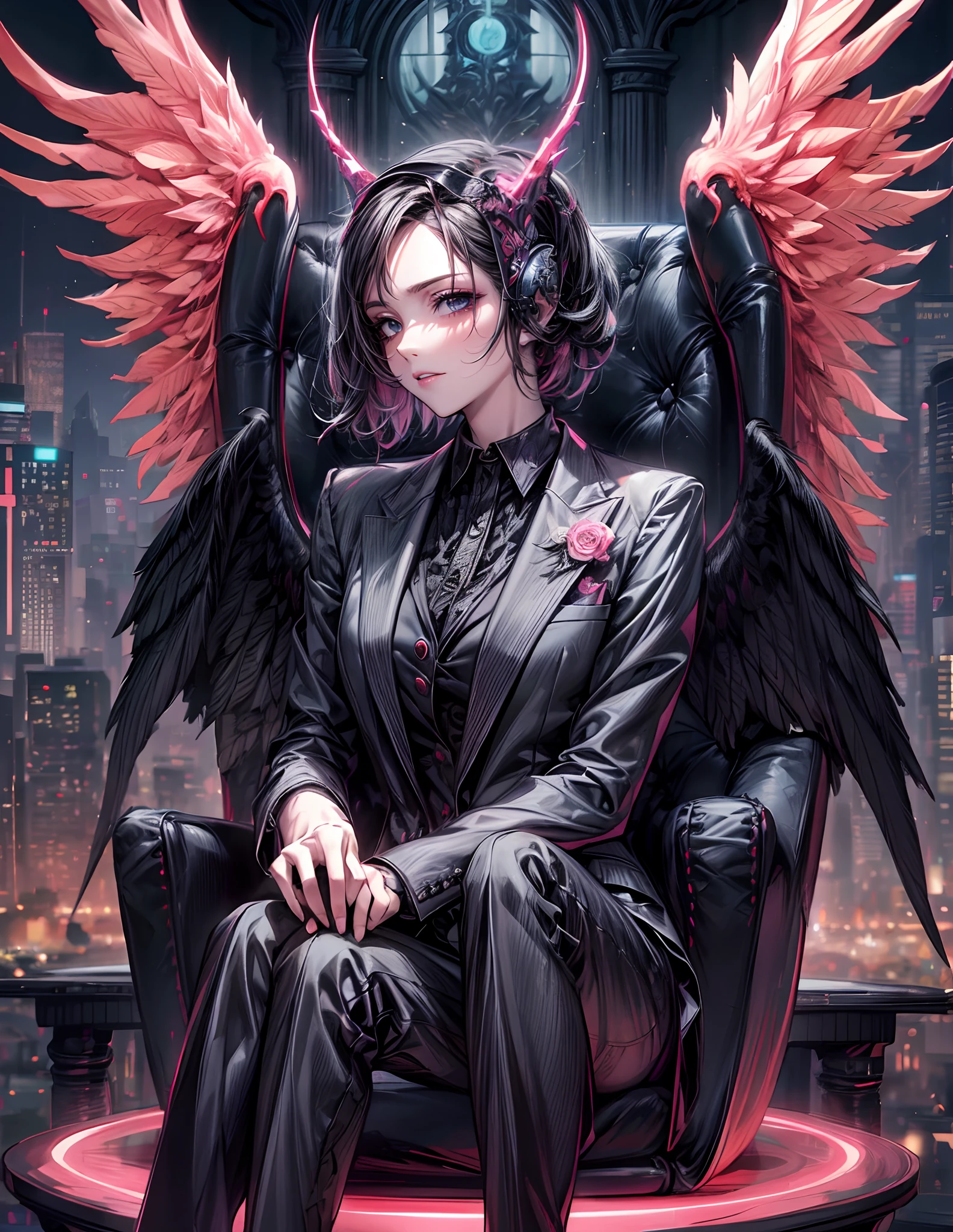 Masterpiece,a demonic woman,wearing suit,black color stylish suit,demonic,wing, stylish sitting pose, cyberpunk gray_neon pink beautiful theme, mesmerizing view,oil painting, pixiv, Ghibi ((intricate details,)) ultra HD, sharp details