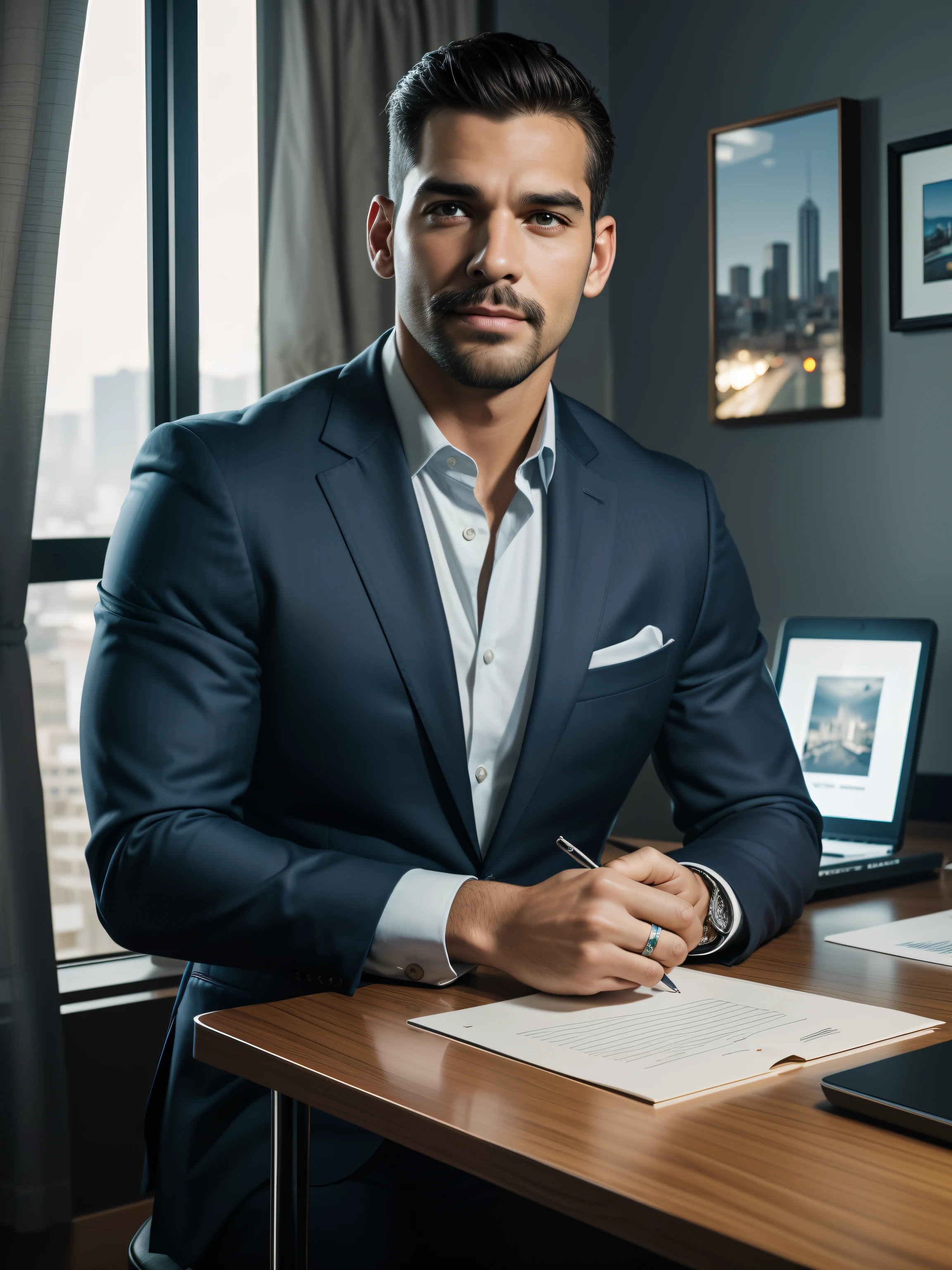 A handsome man sitting in his home office,crew cut,business suit,Windows,Cityscape,corpo inteiro,macho maduro,,best quality, 50mm f/2.8, fotografia e revista GQ, Trending on Flickr Masterpiece, high resolution, best quality,, Realistic, Realistic photo, foto do filme, ultra realistic, 1 pessoa, circunstanciado, perfect lighting, DSRL, foto profissional, 4k ,blue lighting,sorrir