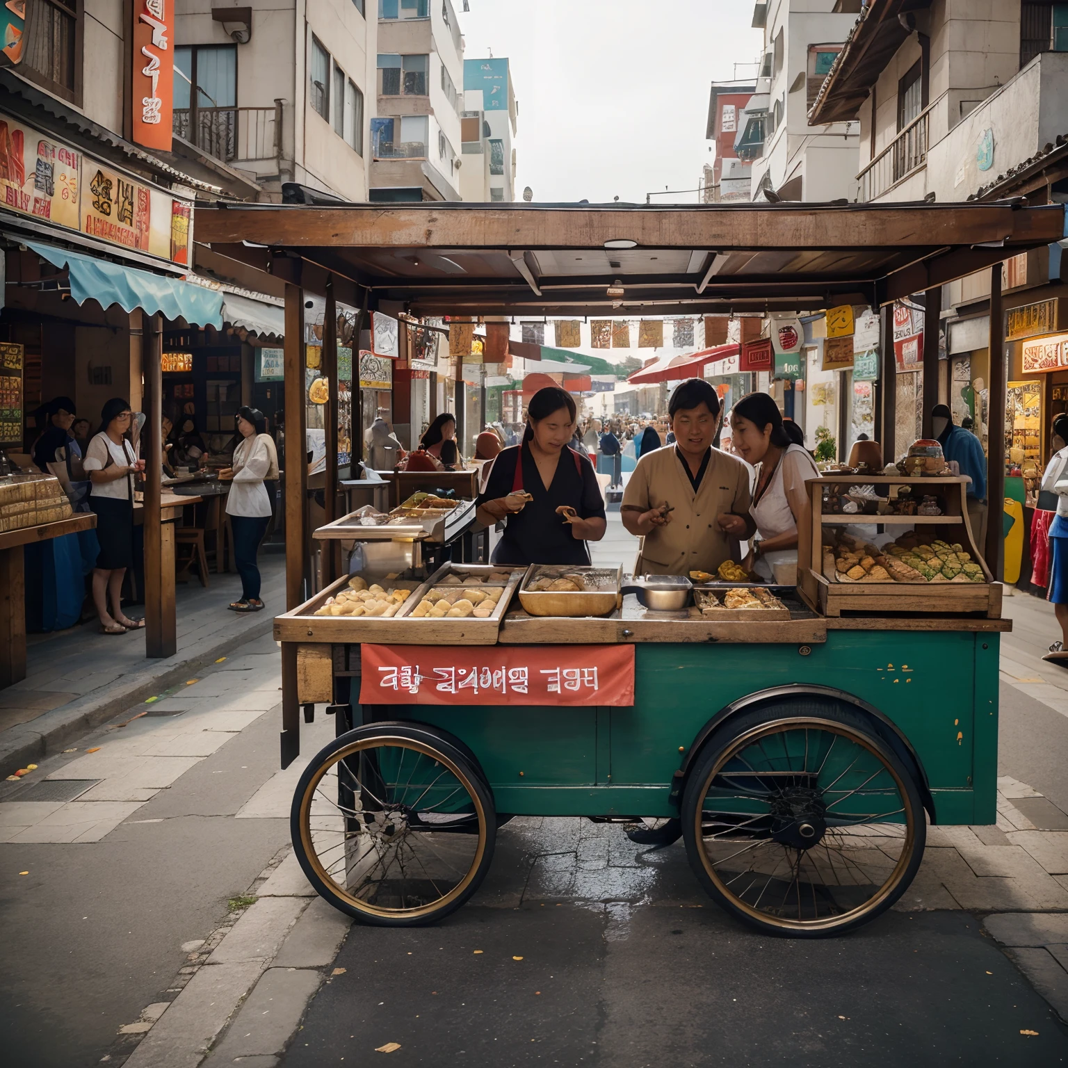 (best quality,4k,8k,highres,masterpiece:1.2),ultra-detailed,(realistic,photorealistic,photo-realistic:1.37), vibrant colors, street market, food vendor, traditional clothing, bustling crowd, delicious aroma, pancake batter, sizzling hotplates, handmade delicacies, mouth-watering toppings, bustling street scene, Korean culture, cultural diversity, colorful food stalls, authentic flavors, traditional Korean street food, happy customers, busy marketplace, friendly smiles, savoring the taste, lively atmosphere, wooden food cart, enticing display, aromatic spices, local cuisine, bustling sounds, bustling sounds, traditional snacks, social interaction, busy hands, tantalizing aroma, savory pancake, authentic experience, vibrant street art, decorative umbrellas, cultural exchange, joyful ambiance