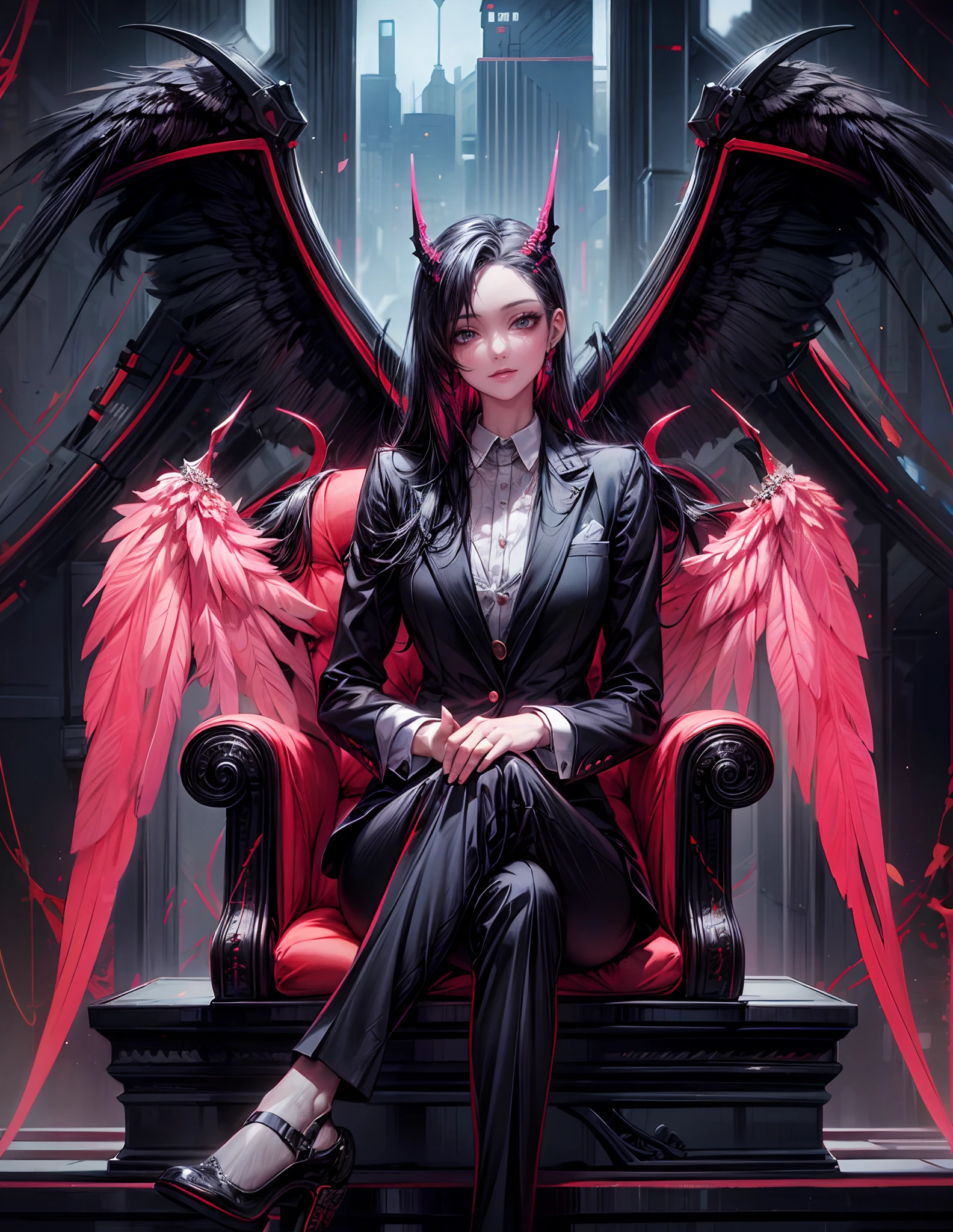 Masterpiece,a demonic woman,wearing suit,black color stylish suit,demonic,wing, stylish sitting pose, cyberpunk gray_neon pink beautiful theme, mesmerizing view,oil painting, pixiv, Ghibi ((intricate details,)) ultra HD, sharp details