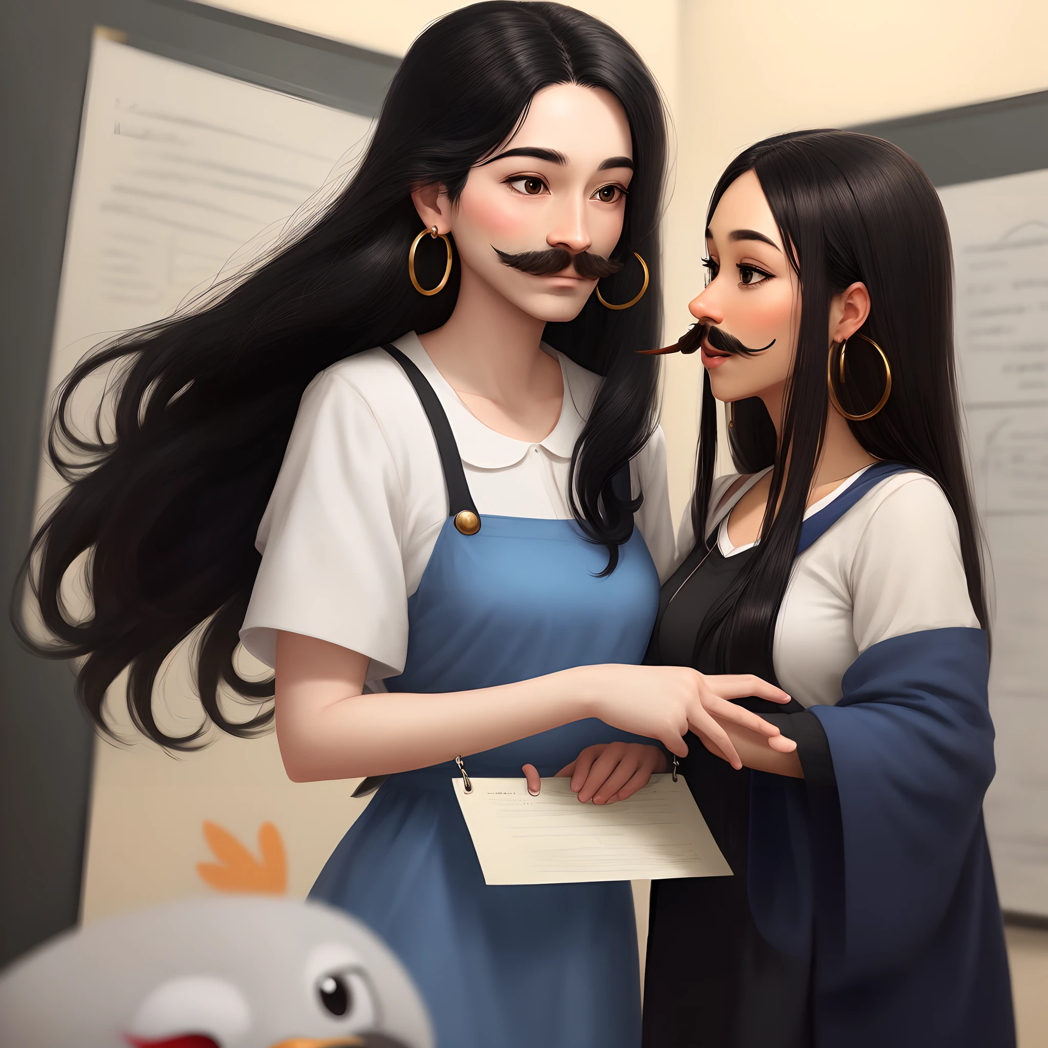 Sam eagle with mustache and long black hair and hoop earrings being a professor
