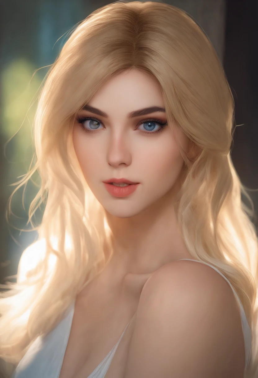 Arafed Mujer totalmente , Chica sexy con ojos azules, ultra realista, meticulosamente detallado, Retrato androide 18, cabello rubio y ojos grandes, selfie de una mujer joven, Ojos del dormitorio, dragon ball anime character, sin maquillaje, Maquillaje natural, staring directly into camera, cara con artgram, maquillaje sutil, Impresionante foto de cuerpo completo arrodillado en la cama, En el dormitorio, Large bust, anime realistic, androide 18
