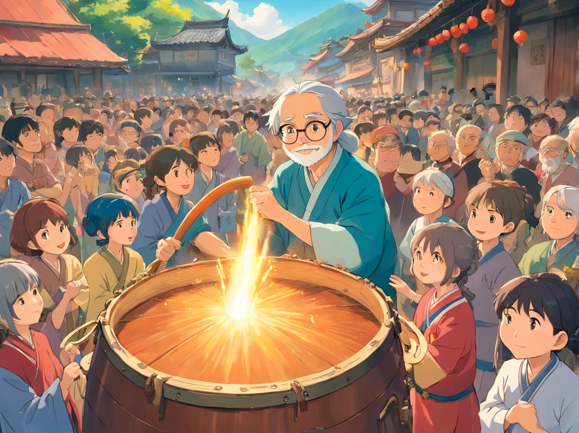 The celebrations of the third day of the third month of March continue for the Zhuang people，Copper drums，Celebrate this special day together。And the brave and fearless boy in the blue strong costume，Stand to the left of the crowd，The background is people celebrating the festival，mont、Tano，Unpretentious people