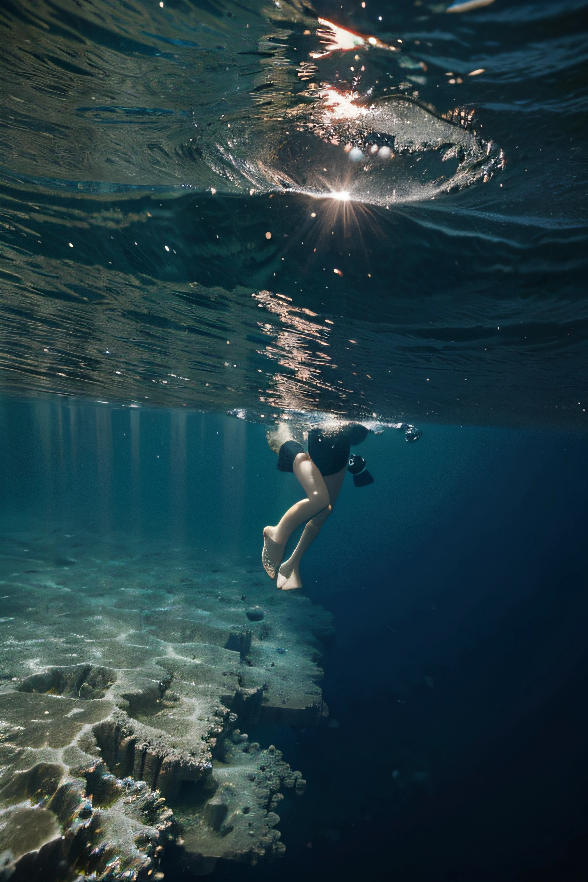 In the image, a person is underwater in clear blue ocean water, wearing a blue bikini top. They have goggles on their head, and their dark hair is flowing freely in the water. The sunlight penetrates the surface, creating a shimmering pattern on their skin and the ocean floor visible below. The scene evokes a sense of tranquility and leisure, capturing a moment of underwater exploration in a serene marine environment. Small fish can be seen swimming around, adding to the beauty and vibrancy of the underwater scene.