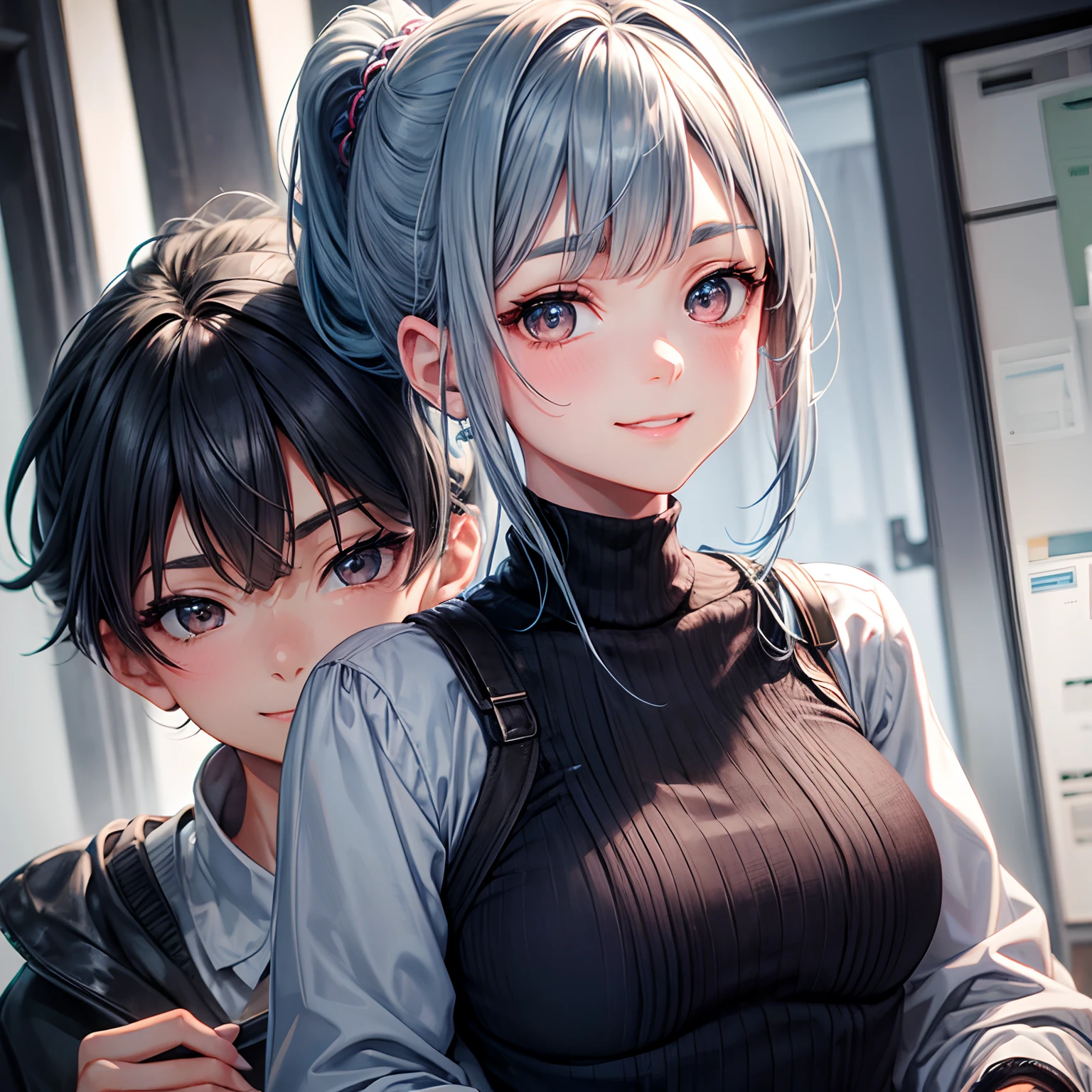 Young Woman, grayish-blue hair, low knot ponytail, With smooth bangs, Large eyes, Brown eyes, gently smiling, Timid girl, Thin eyebrows, harmless