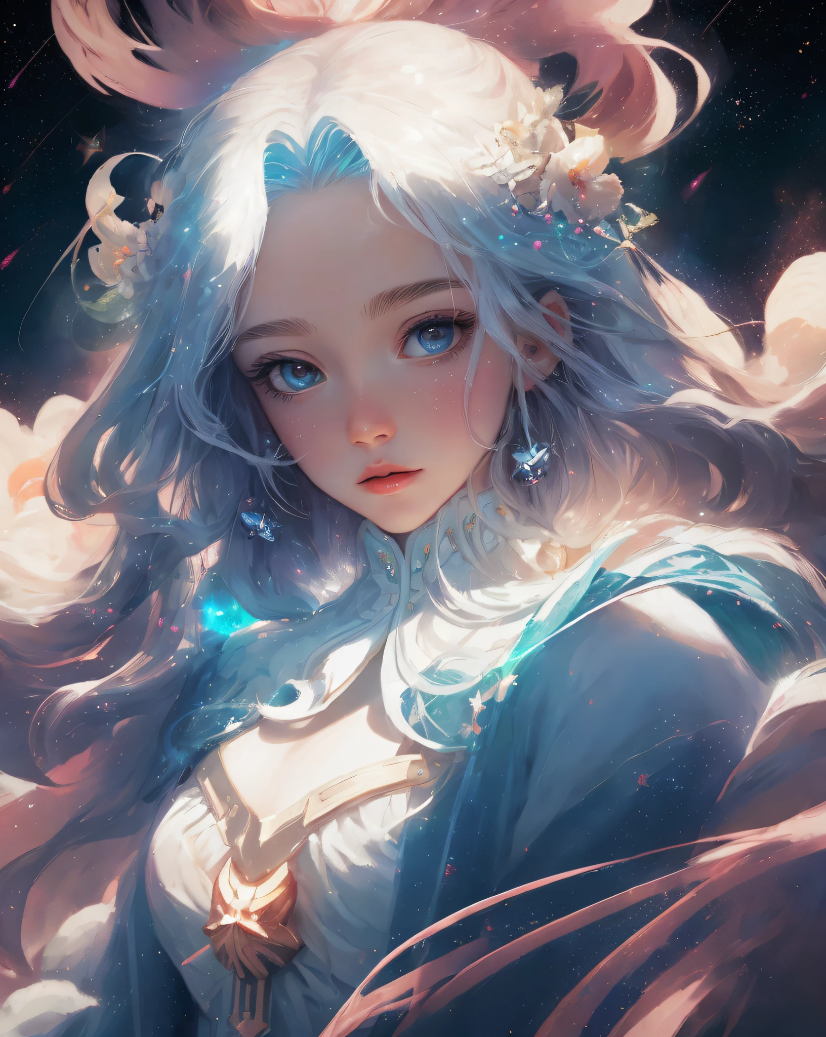 celestial goddess, floating, clouds,galaxy,nebula,big white flowers in hair