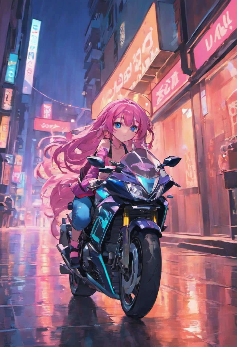 girl, brown skin, long pink hair, blue eyes, wearing pink tank top, wearing black_green leather jacket, blue jeans short, sitting on motorcycle, at night, black leather boots, city street, cyberpunk,ground wet from rain, fall, night time, neon sign in background, beautiful, absurdres, high res, ultrasharp, 8k, masterpiece, looking at viewer.