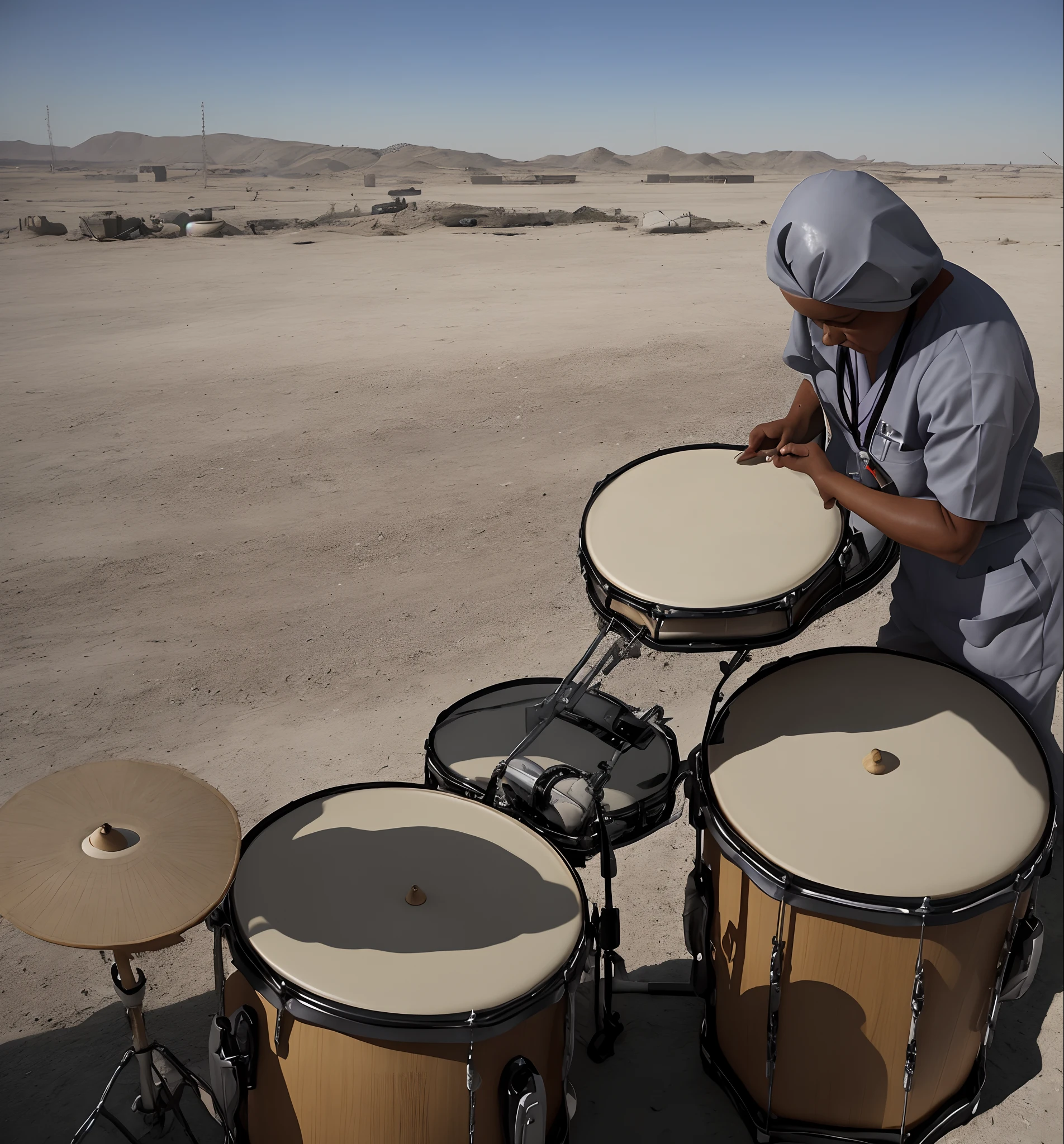 A nurse beats a drum with a picture of Irasutoya