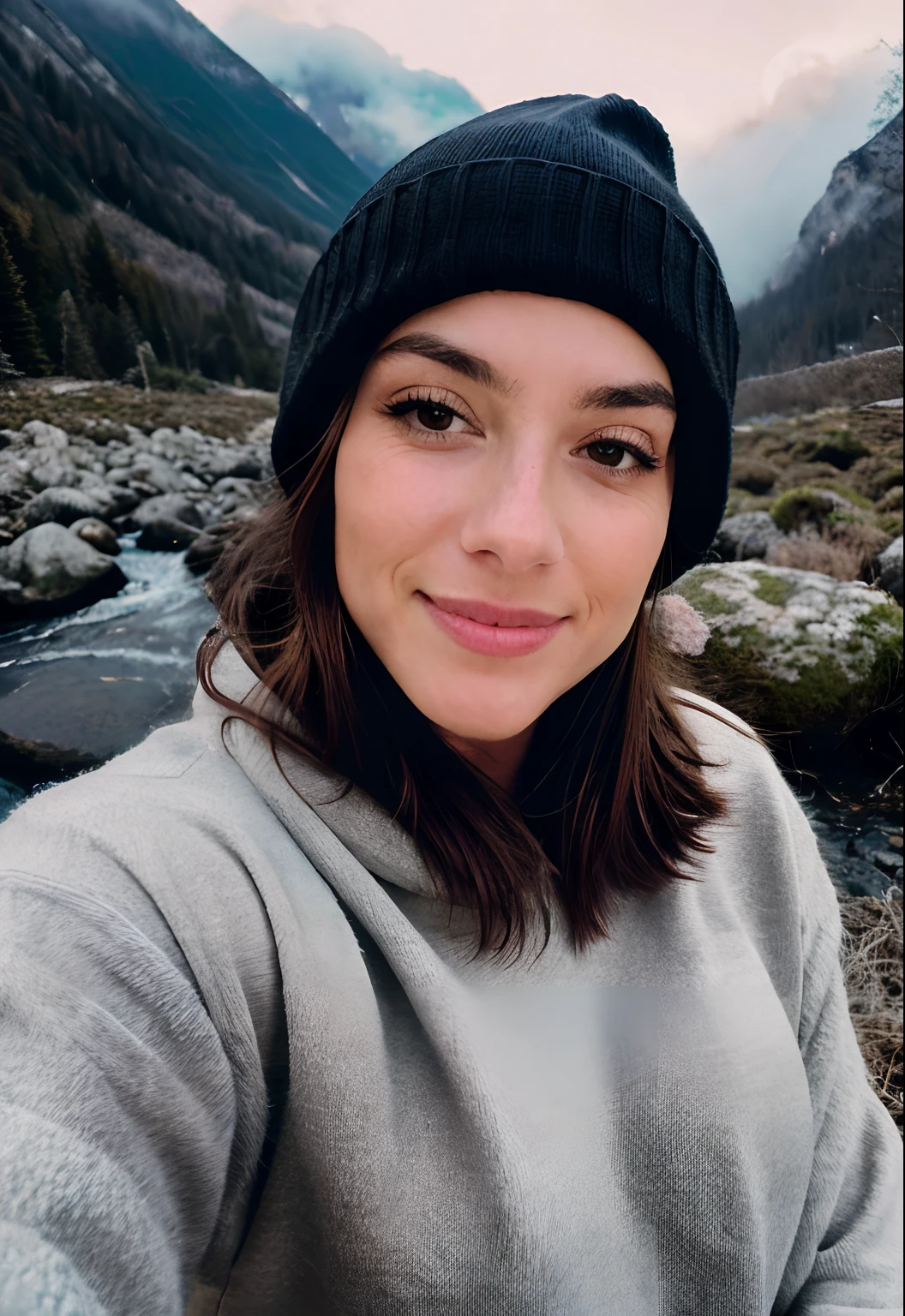 photorealistic, best quality, hyper detailed, beautiful woman, selfie photo, upper body, solo, wearing pullover, outdoors, (night), mountains, real life nature, stars, moon, (cheerful, happy), sleeping bag, gloves, sweater, beanie, flashlight, forest, rocks, river, wood, smoke, fog, clear sky, analog style, looking at viewer, skin texture, film grain, close up, ultra high res, best shadow, RAW, instagram LUT