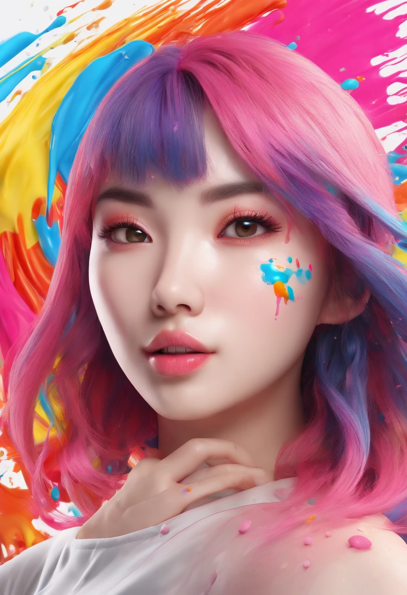 (Masterpiece, Best Quality, High Resolution), White Background, ((Paint Splash, Color Splash, Splash of Ink, Color Splash)), Sweet Chinese Girl, Rainbow Hair, Pink Lips, Front, Upper Body