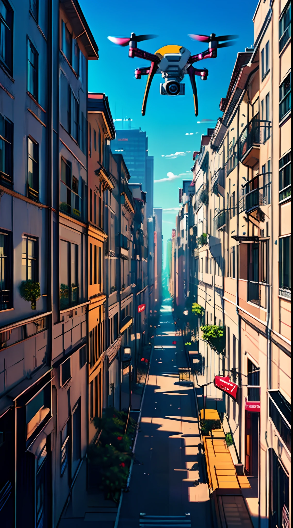 A beautiful state-of-the-art drone. Flying over city buildings on a normal day