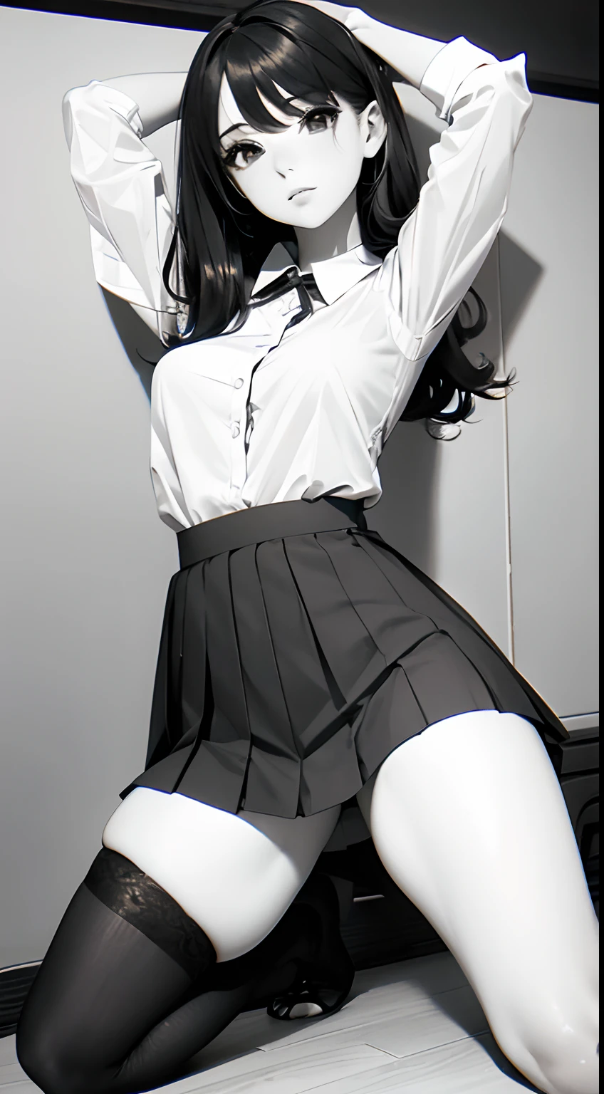 CurtaＴGirl in a shirt, Mini Pleated Skirt, View from the floor, (Long stockings), (up skirt), ??????????????, With ?????????, (Bend your knees and open your ?????????), ((Very detailed)), Perfectly detailed face, (Detailed hand), Photorealistic images.