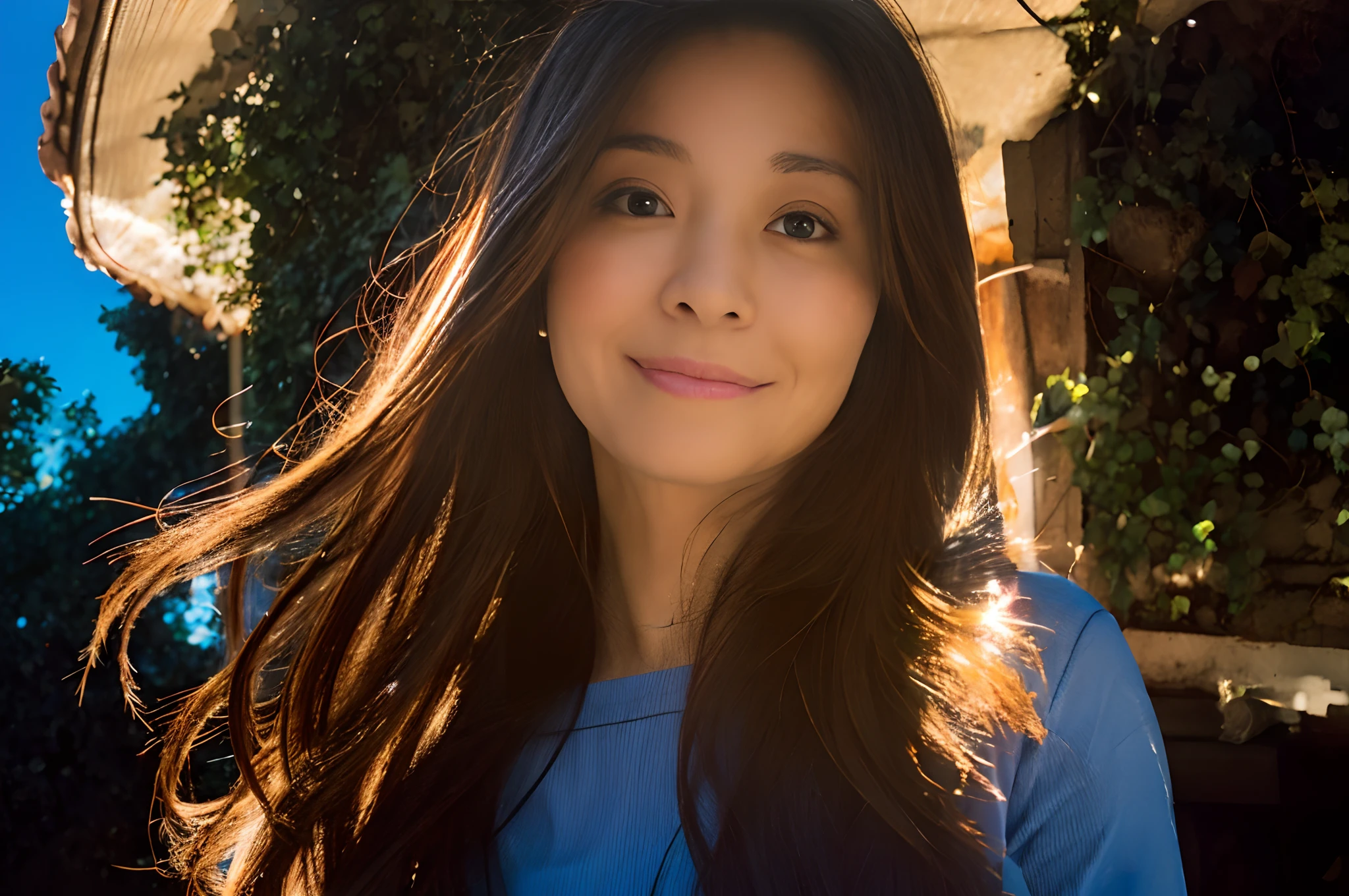 blue-sky,Surrounded by nature,sky in a background,Daytime,sunlights,outside of house,high-level image quality,reallistic,hight resolution,pores,Saggy face,a smile