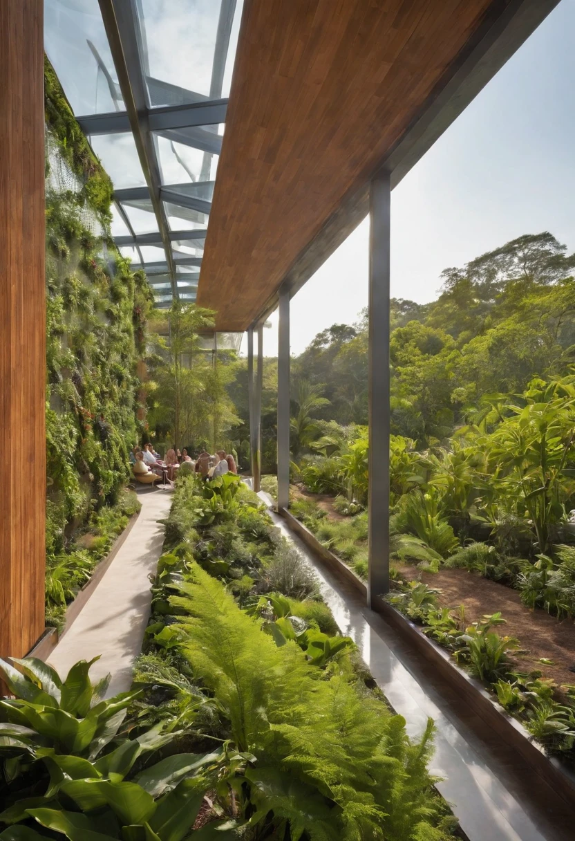 A sustainable eco-resort nestled in a lush tropical forest, designed to harmonize with the natural environment. The architecture incorporates elements such as living green walls, passive cooling systems, and rainwater harvesting. The resort features open-air spaces, allowing guests to immerse themselves in the beauty of nature. The color palette is inspired by the surrounding flora and fauna, with earthy tones, vibrant greens, and accents of warm oranges and yellows, creating a serene and rejuvenating atmosphere.A contemporary cultural center inspired by the works of Renzo Piano, designed to be a hub for creativity and community engagement. The building showcases a combination of sleek glass facades, exposed steel beams, and cascading green terraces that provide both aesthetic appeal and environmental benefits. The interior spaces are flexible and adaptable, with movable walls and modular furniture, allowing for various artistic exhibitions and events. The color scheme embraces a sophi