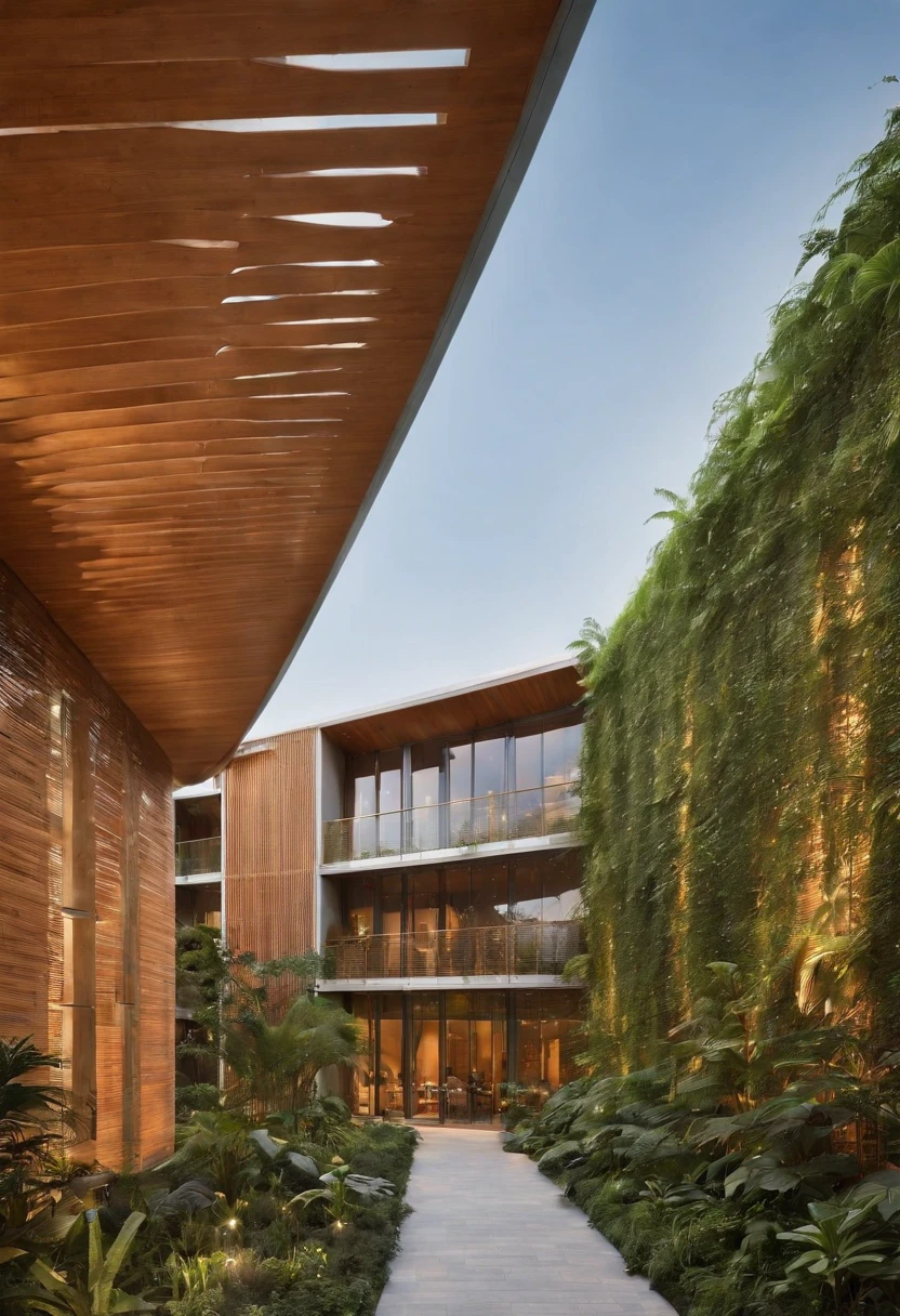A sustainable eco-resort nestled in a lush tropical forest, designed to harmonize with the natural environment. The architecture incorporates elements such as living green walls, passive cooling systems, and rainwater harvesting. The resort features open-air spaces, allowing guests to immerse themselves in the beauty of nature. The color palette is inspired by the surrounding flora and fauna, with earthy tones, vibrant greens, and accents of warm oranges and yellows, creating a serene and rejuvenating atmosphere.A contemporary cultural center inspired by the works of Renzo Piano, designed to be a hub for creativity and community engagement. The building showcases a combination of sleek glass facades, exposed steel beams, and cascading green terraces that provide both aesthetic appeal and environmental benefits. The interior spaces are flexible and adaptable, with movable walls and modular furniture, allowing for various artistic exhibitions and events. The color scheme embraces a sophi
