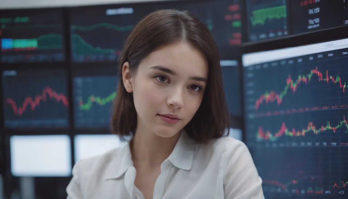 realistic,8k,film,70mm,1girl,solo,upper body,dim,backlight, professional crypto trader attire, (masterpiece, best quality, ultra-detailed)
