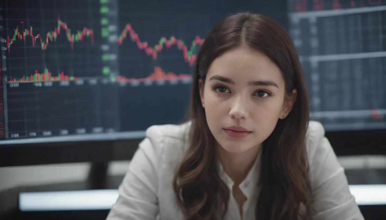 (Image: [Insert image of a cute girl analyzing stock charts]) Stock analysis, data-driven, trading floor, color film.