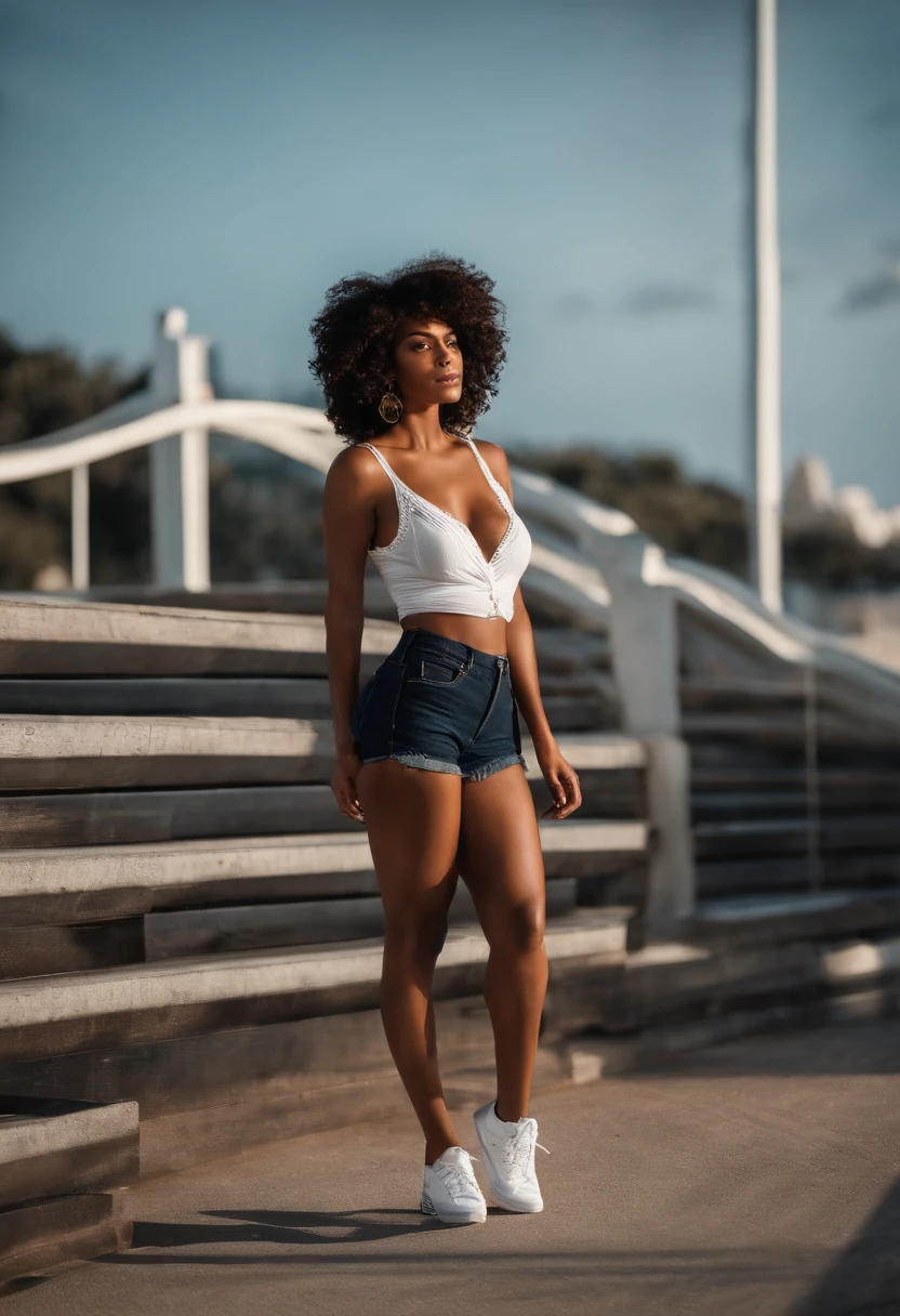Foto 8k de uma mulher negra, Short white blouse up to mid-belly with cleavage leaving breasts exposed, Short black shorts up to mid-thigh, All STAR sneakers, Fallen curly hair