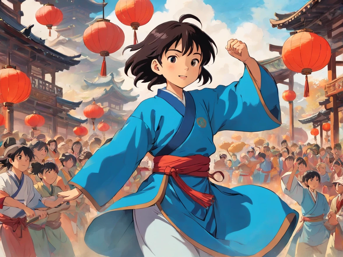 Elements of Zhuang culture。The character is a Zhuang costume,The background is the field、villages、Some traditional scenes such as the Ant Pavilion,At the same time, people are beating gongs and drums,Copper drums、burn incense、worship、Scenes from celebrations such as bonfires,And the brave and fearless boy in the blue strong costume,Stand to the left of the crowd,The background is people celebrating the festival,mont、Tano,Unpretentious people