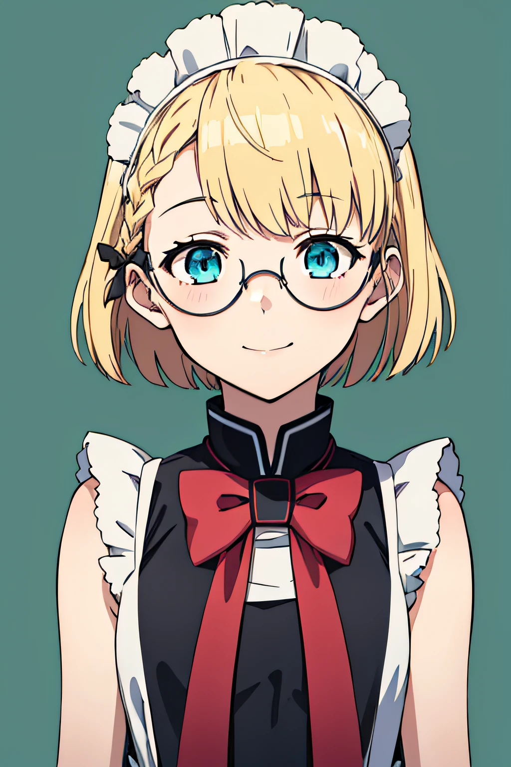 SOLO,G36CUTE,1GIRL,BLOND HAIR,BLUE EYES,MAID,MAID HEADDRESS,SLEEVELESS,SHORT HAIR,BOWTIE,GLASSES,BRAIDED BANGS, 1girl, solo, upper body, facing viewer, looking at viewer, smile.