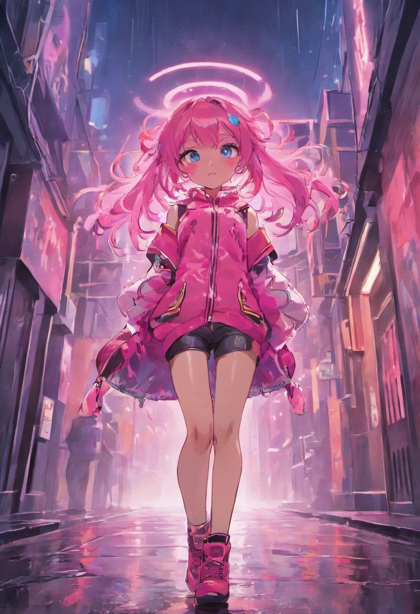 girl, brown skin, long pink hair, blue eyes, wearing pink tank top, wearing black_green leather jacket, blue jeans short, dancing on the streets, at night, black leather boots, city street, cyberpunk,ground wet from rain, fall, night time, neon sign in background, beautiful, absurdres, high res, ultrasharp, 8k, masterpiece, looking at viewer.