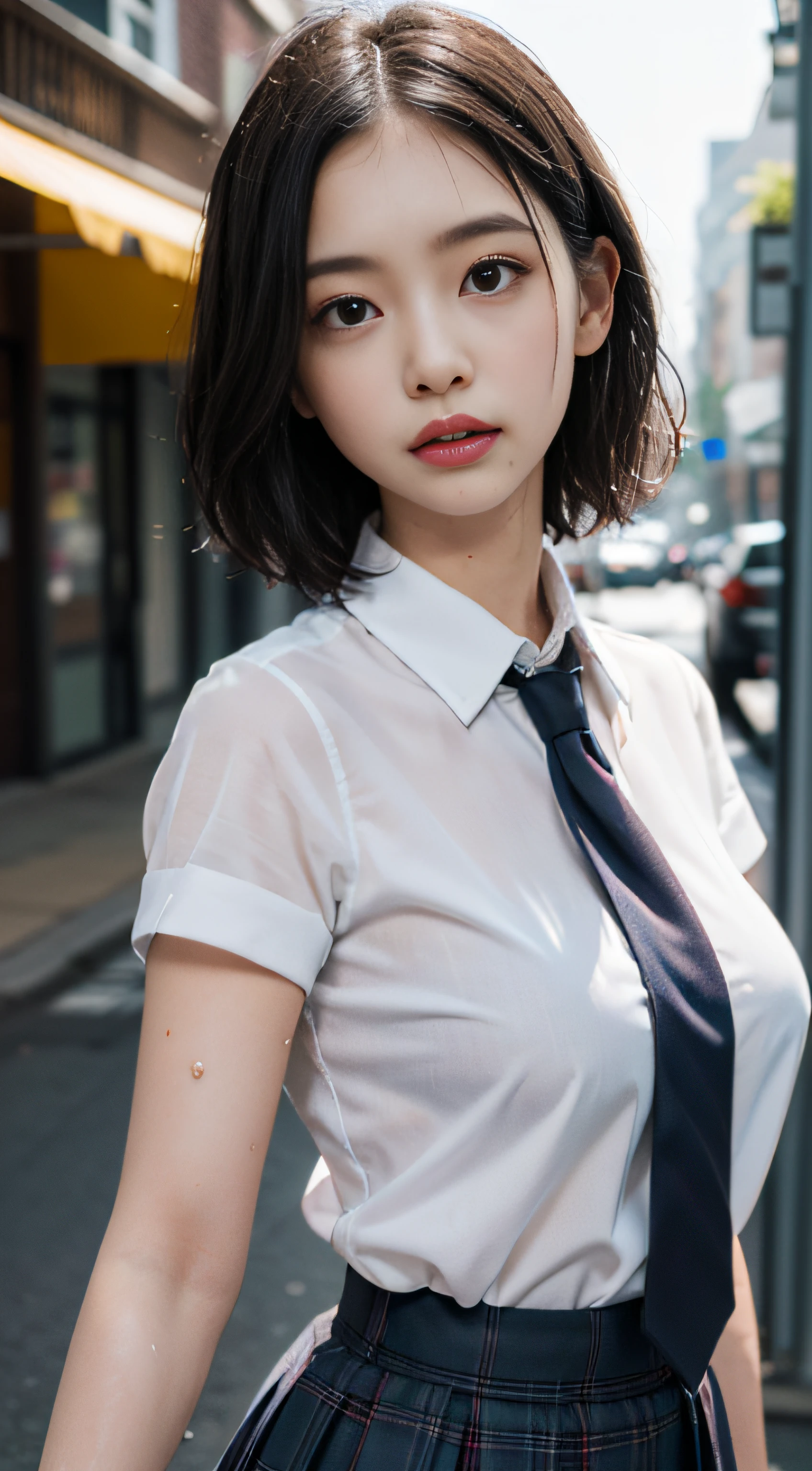 violaceaess, gardeniass, rosaceaess, (Masterpiece, Best quality:1.4), Delicate girl, Beautiful short hair, Close up, school uniform, White dress shirt, short- sleeved, dark grey pleated plaid skirt, 8K, 50mm portrait, RAW photo, absurderes, breasts focus, Large breasts, Thin arms, Very thin waist, arching back, No makeup, worried, Sophisticated, facelight, clear lighting, filmgrain, color difference, (dark red necktie:1.2), (Wet shirt:1.3), street, Bokeh, (Simple background:1.2)