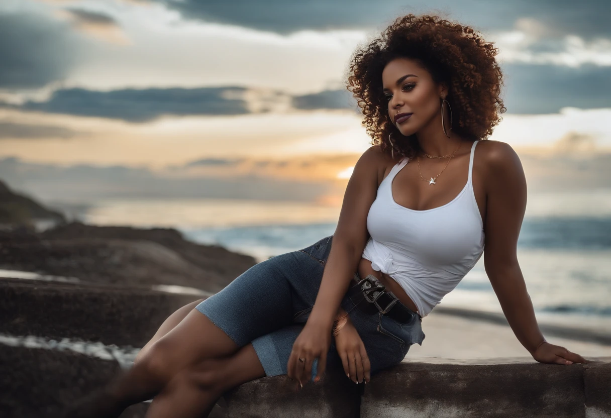 Foto de uma mulher negra, Short white blouse up to mid-belly with cleavage leaving breasts exposed, Short black shorts up to mid-thigh, All STAR sneakers, Fallen curly hair