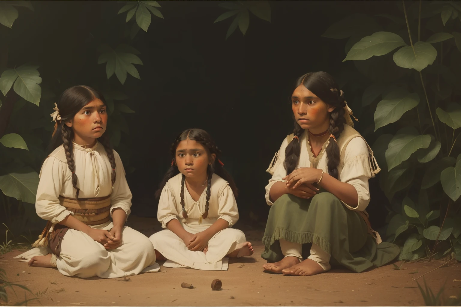 year: 1828. Location: Illinois. Pre-Raphaelite scene with native american people, sauk native american, ((scared children, hiding)), ((((Clothing from the 1820s)))) ((Hairstyle of the 1820s)), ((("OMITB" cinematography)))