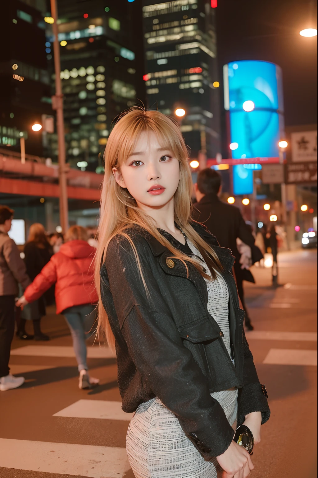 Blonde woman posing for photo in clothes in city, on rooftop tokyo night, taken with canon eos 5 d mark iv, taken with canon eos 5 d, taken with a canon eos 5d, taken with a canon eos 5 d, Shot on a Canon EOS R5, shot on canon eos r 5, shot in canon 50mm f/1.2，Soft portrait shot 8 K, bae suzy, Choi Hyun-hwa, close-up portrait film still, iu lee ji-eun as a super villain, close - up portrait shot, chiho, mid shot portrait, a close up portrait photo, lofi portrait, portrait soft low light，good eyes，Good nose，
