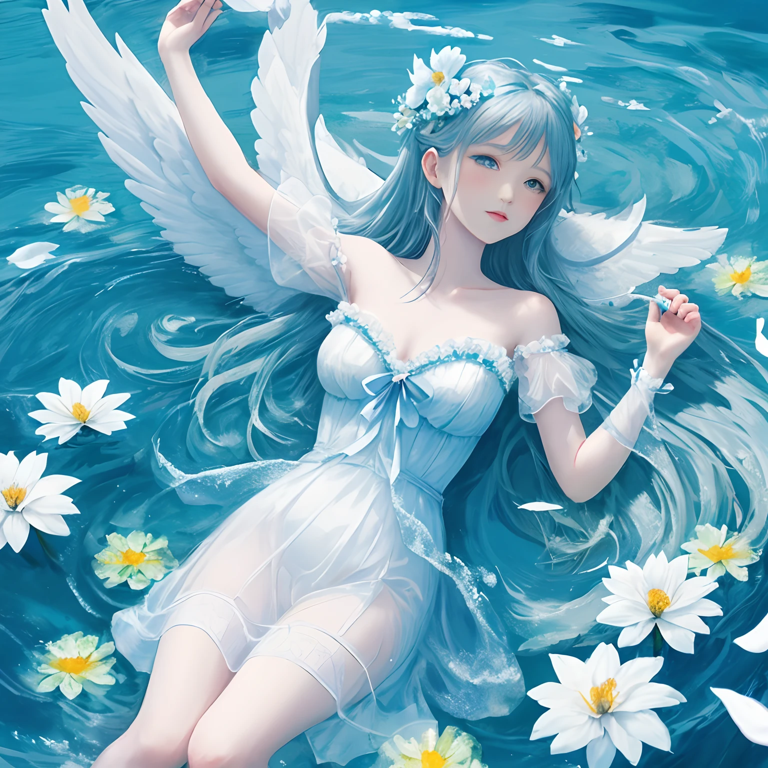 Flowers, Maiden, Sea, Angel, blue and white