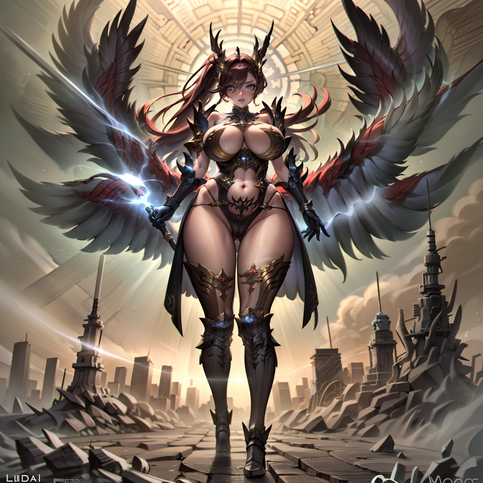 battlemech,(Blonde girl),(Huge ponytail),Glowing blue eyes,Blue Light Energy Longsword,Galactic,Mechanical and exquisite,((Blonde Beauty))pubic detail,mech wings,elegent,Blue Mecha,Glowing blue-blue eyes,(Stocking Heels),land,Mechanical and exquisite,pubic detail,mech wings,elegent,The tree々,There are hands and feet,angled,angled,immensity,Wind,hazy,Mecha's eyes glow blue,Blue Mecha,Glowing blue-blue eyes,Holding the sword of delicate light energy,Skysky,Mechanical and exquisite,pubic detail,Huge mech wings,elegent,The tree々,There are hands and feet,angled,angled,immensity,baiyun,hazy,Mecha's eyes glow blue,pubic detail,Winds of the future,sacredness,Cavalier,battlemech,Glowing blue eyes,Blue Delicate Sniper Rifle,Skysky,Mechanical and exquisite,pubic detail,Huge mech wings,elegent,The tree々,There are hands and feet,angled,angled,immensity,baiyun,hazy,Mecha's eyes glow blue,pubic detail,Winds of the future,sacredness,Cavalier,the face is clear,Face wearing mask armor,masterpaintings,best qualtiy,offcial art,the Extremely Detailed CG Unity 8K Wallpapers,brightened light,(light particules,(Illustration)(Farbe)goodlooking,impeccable,((Graphic Painting)),(Heavier stroke)),(bold lines),Highest image quality,masterpaintings,Filigree,long eyeslashes,(((silhuette))),Very detailed background,tulips,Banana leaves,lilie,dew,Date palm flowers,Ryu,Light white off-the-shoulder dress,Mottled sunlight,(Close-up of people),((Super best quality)), ((A very masterpiece)), ((super detailing:1.4)), ((hyper realistic lifelike 3d)), Dragon Warrior Girl, Mechanical body, Dynamic action poses in battle scenes, Mechanical weapons of very complex and heavy fighters, Off-the-shoulder fashion that blends dense and complex steampunk with dense gothic ta, Complex steampunk headgear, very thin long legs, Mechanical boots above the knee, Fluttering lace flared mini skirt, beautiful big breasts directed upwards,Somewhat long, Vertical curly silver hair fluttering in the wind,Countless shining large sphe