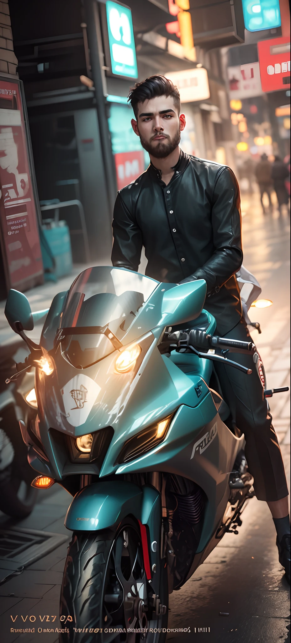 Change background cyberpunk handsome boy realistic face ultra HD 8k realistic with bike
